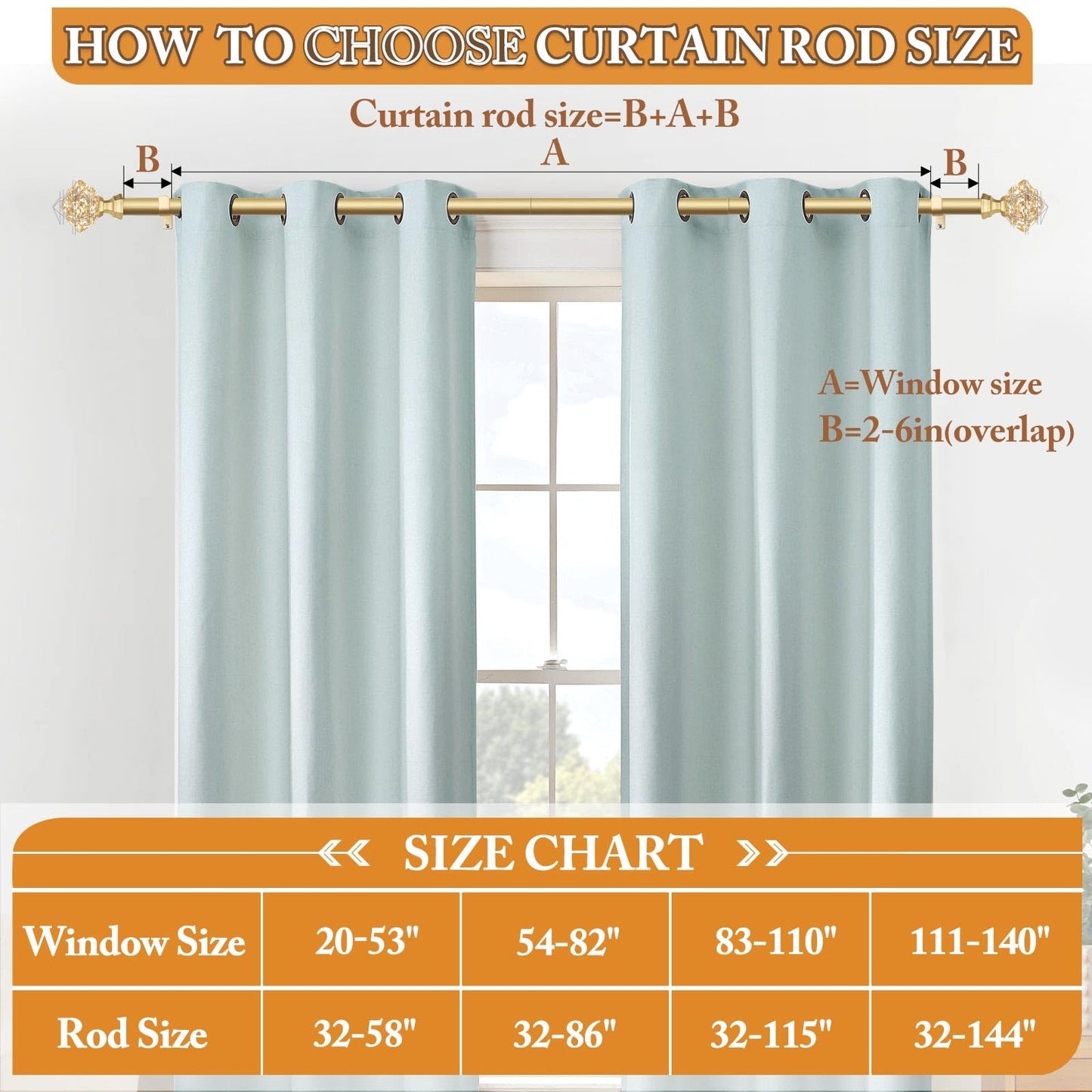 TONIAL 2 Pack Curtain Rods for Windows 48 to 84 Inch, Telescoping Splicing 3/4 Single Rods 32 to 86 Inch Decorative Drapery Rod with Translucent Diamond Finial, Luxury Gold