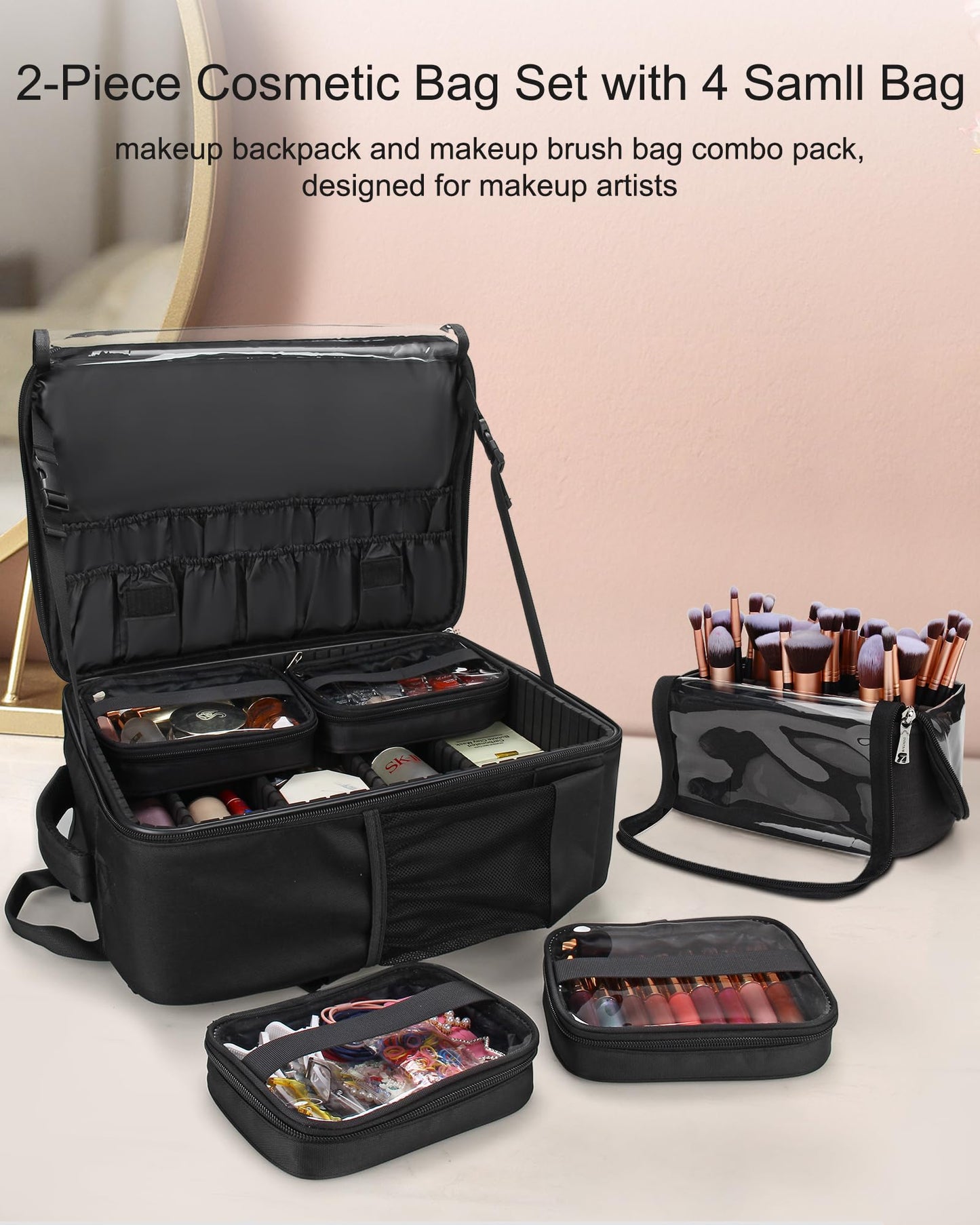 Makeup Backpack Makeup Artist Bag Professional Extra Large Cosmetic Bags Travel Train Case Storage Organizer Double-Layer Cosmetic Case with 4 Pouch and Brush Organizer (Black, two piece)