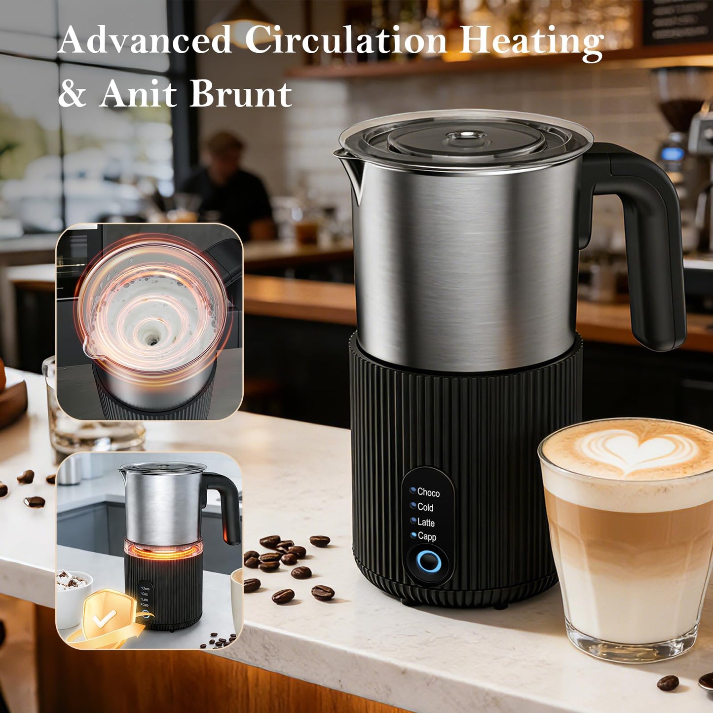 Electric Milk Frother and Steamer, 4-in-1 Instant Milk Steamer for Coffee, Latte, Cappuccino, Hot Chocolate, Automatic Hot & Cold Milk Foamer, Stainless Steel Detachable Cup, Quiet, Dishwasher Safe