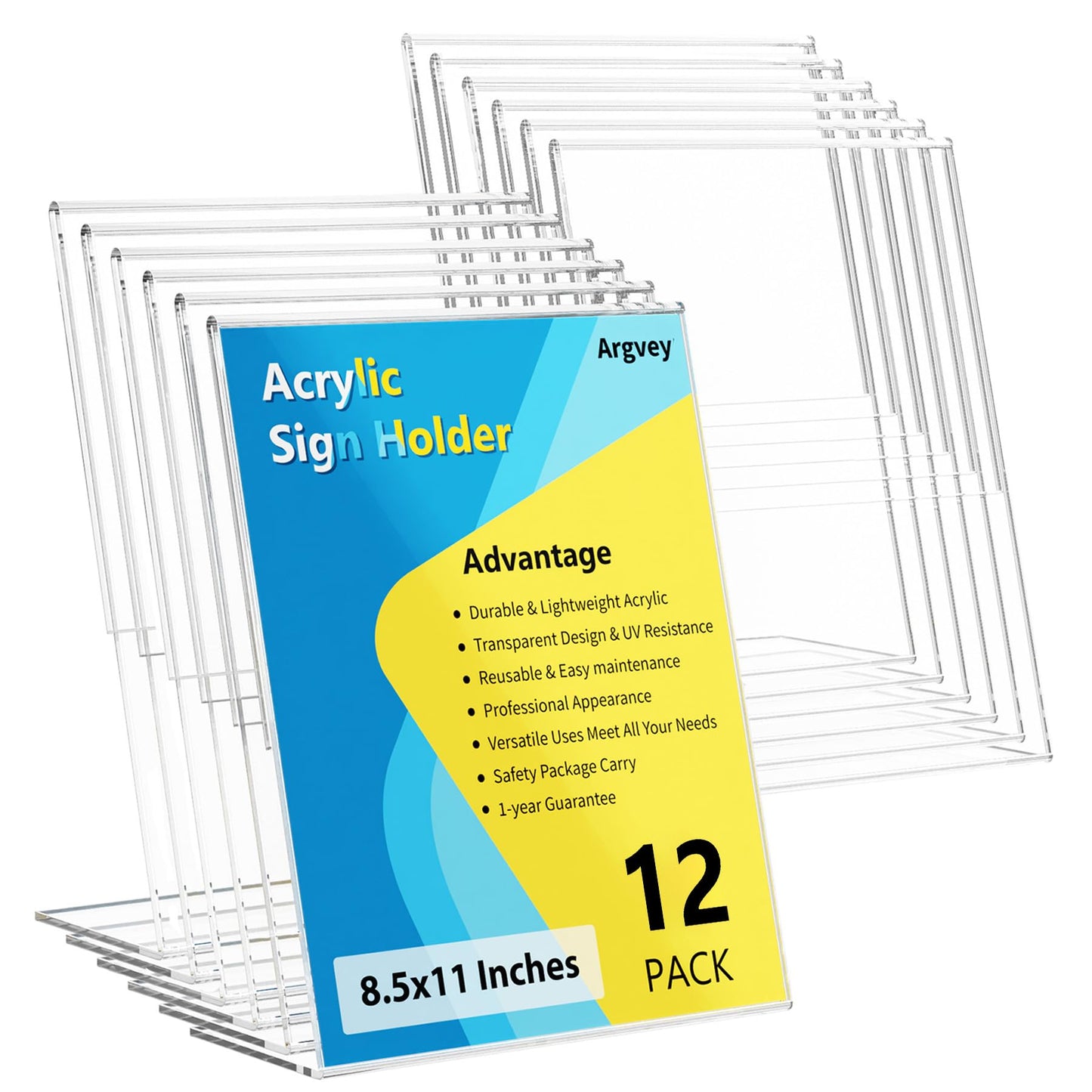 12 Pack Acrylic Sign Holder, Clear 8.5 x 11 Inch Slant Back Vertical Sign Holder, Tabletop Plastic Paper Picture Frame Flyer Document Holder Display Stand for Home, Office, Restaurants, and Stores