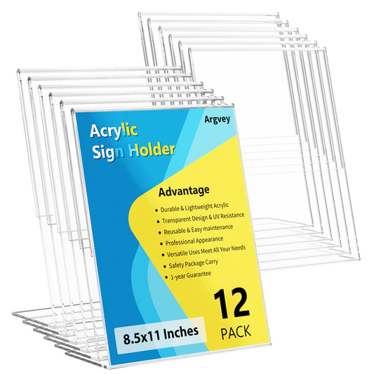 12 Pack Acrylic Sign Holder, Clear 8.5 x 11 Inch Slant Back Vertical Sign Holder, Tabletop Plastic Paper Picture Frame Flyer Document Holder Display Stand for Home, Office, Restaurants, and Stores