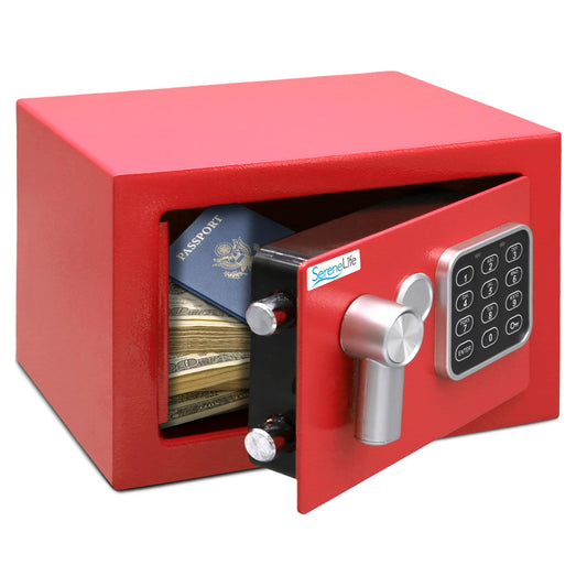 SereneLife Premium Steel Digital Safe Box - 9.1" x 6.7" x 6.7" | Secure Storage for Cash, Firearms & Jewelry | Great For Hotels, Cabinets & Home Use | Electronic & Mechanical Access | 2 Keys | Red