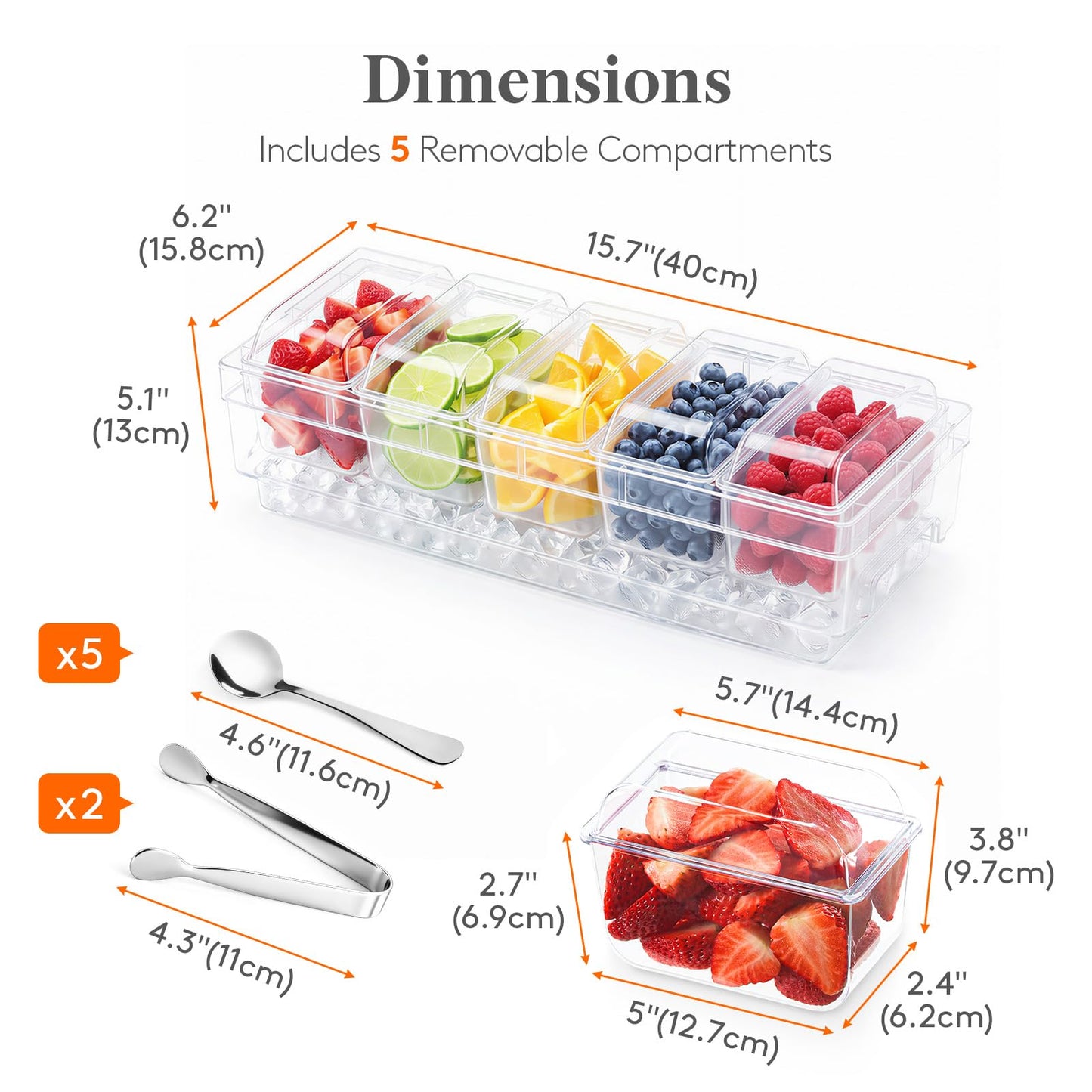 Lifewit Chilled Condiment Caddy with Lids, Serving Set for Party with 5 Containers & Accessories, Garnish Tray for Bartenders, Serving Platter for Taco & Mimosa Bar, Lemonade Stand, Buffet Supplies
