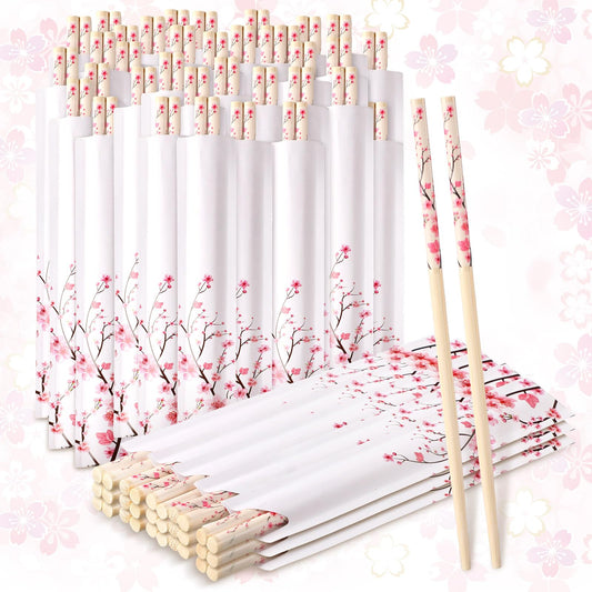Suttmin 50 Pairs Cherry Blossom Chopsticks Bulk with Sleeved Blue Flower Disposable Bamboo Eucalyptus Chopsticks Wedding Favors Chinese Japanese Food Supply for Takeout Picnic(Cherry)