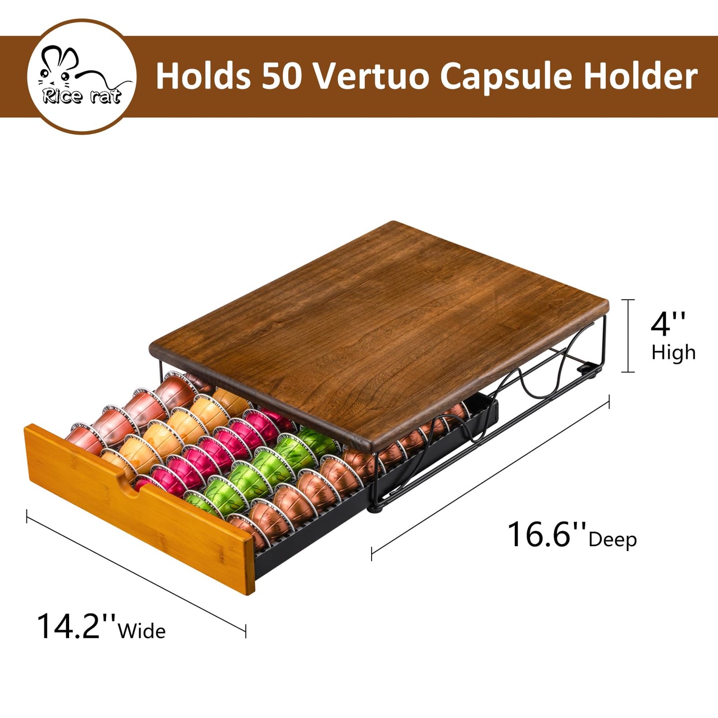 Vertuo Capsule Holder Drawer for Nespresso With Elegant Wood Top (50 Pods)