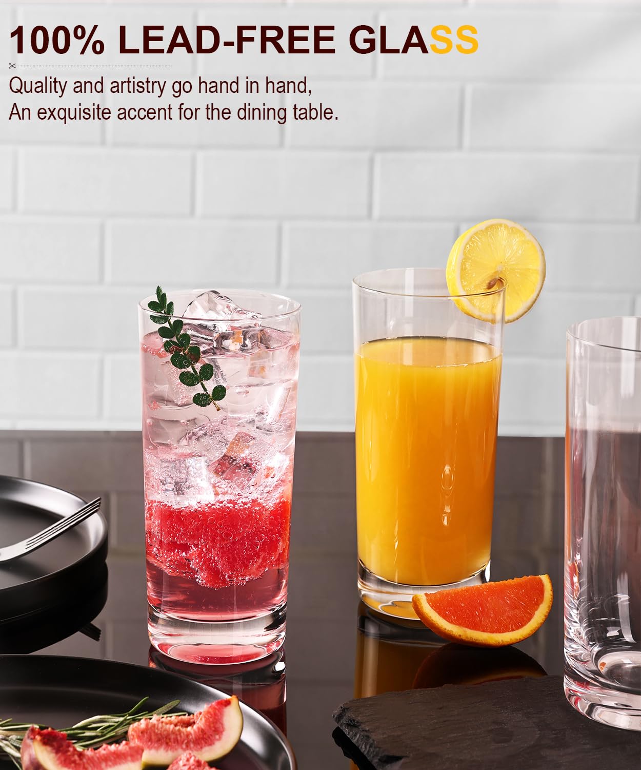 LUNA & MANTHA Drinking Water Glasses Set, Lead-Free Crystal Highball Glass, Tall Glass Cups for Cocktail Parties,Clear set of 8,16oz