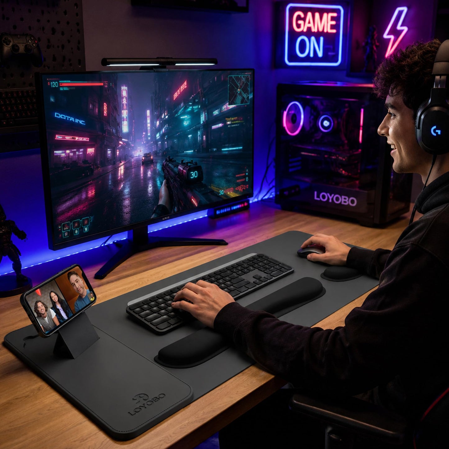 15W Magnetic Wireless Charging Desk Pad with Ergonomic Tilt Phone Stand, 35×15in XXL Foldable PU Leather Mouse Pad with Keyboard & Mouse Memory Foam Wrist Rest for Gaming Office Home Minimalist Desk