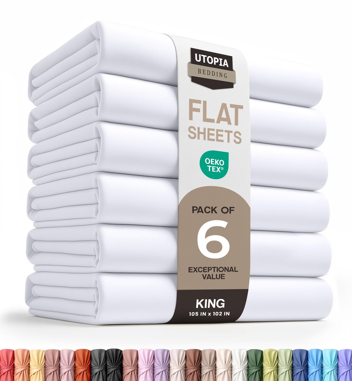 Utopia Bedding Flat Sheets - Pack of 6 - Soft Brushed Microfiber Fabric - Shrinkage & Fade Resistant Top Sheets - Easy Care (King, White)