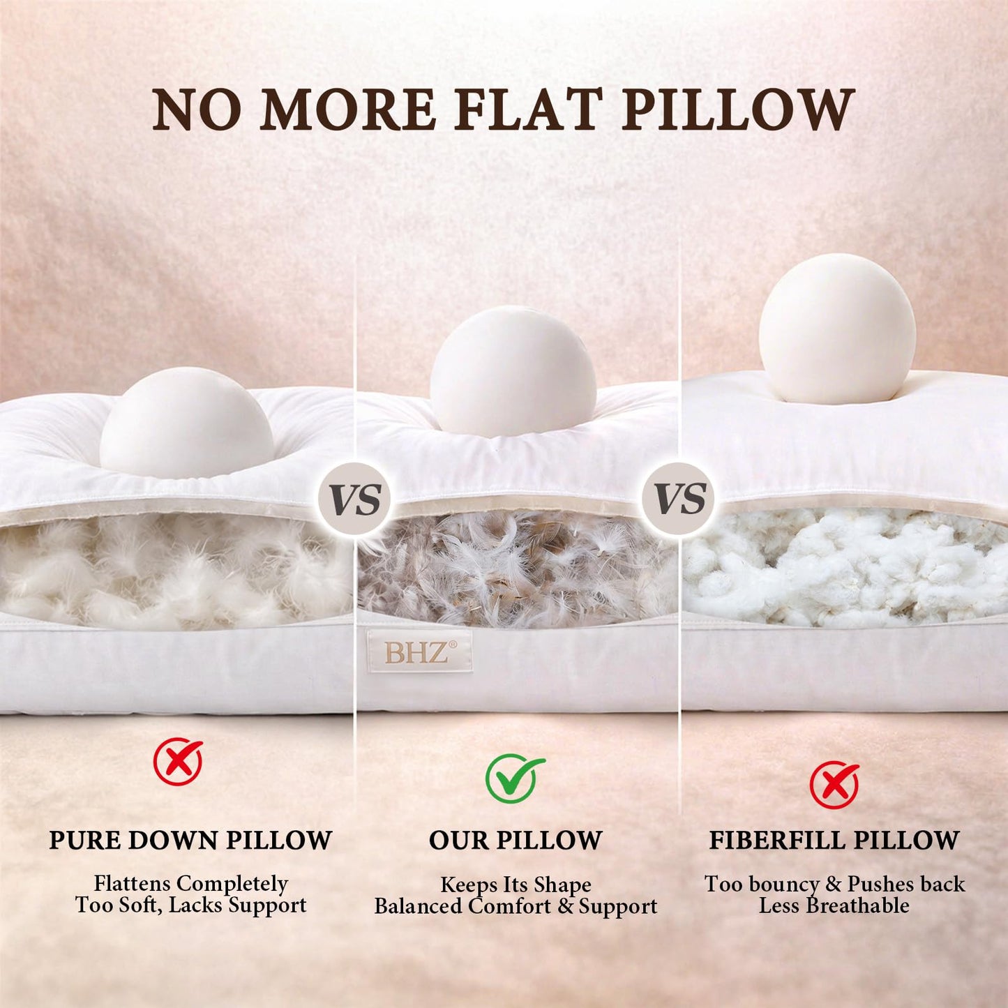 BHZ Goose Down Feather Pillows Queen Size Set of 2, Hotel Collection Bed Pillows for Sleeping Medium Firm Soft Support Pillow for Side and Back Sleepers