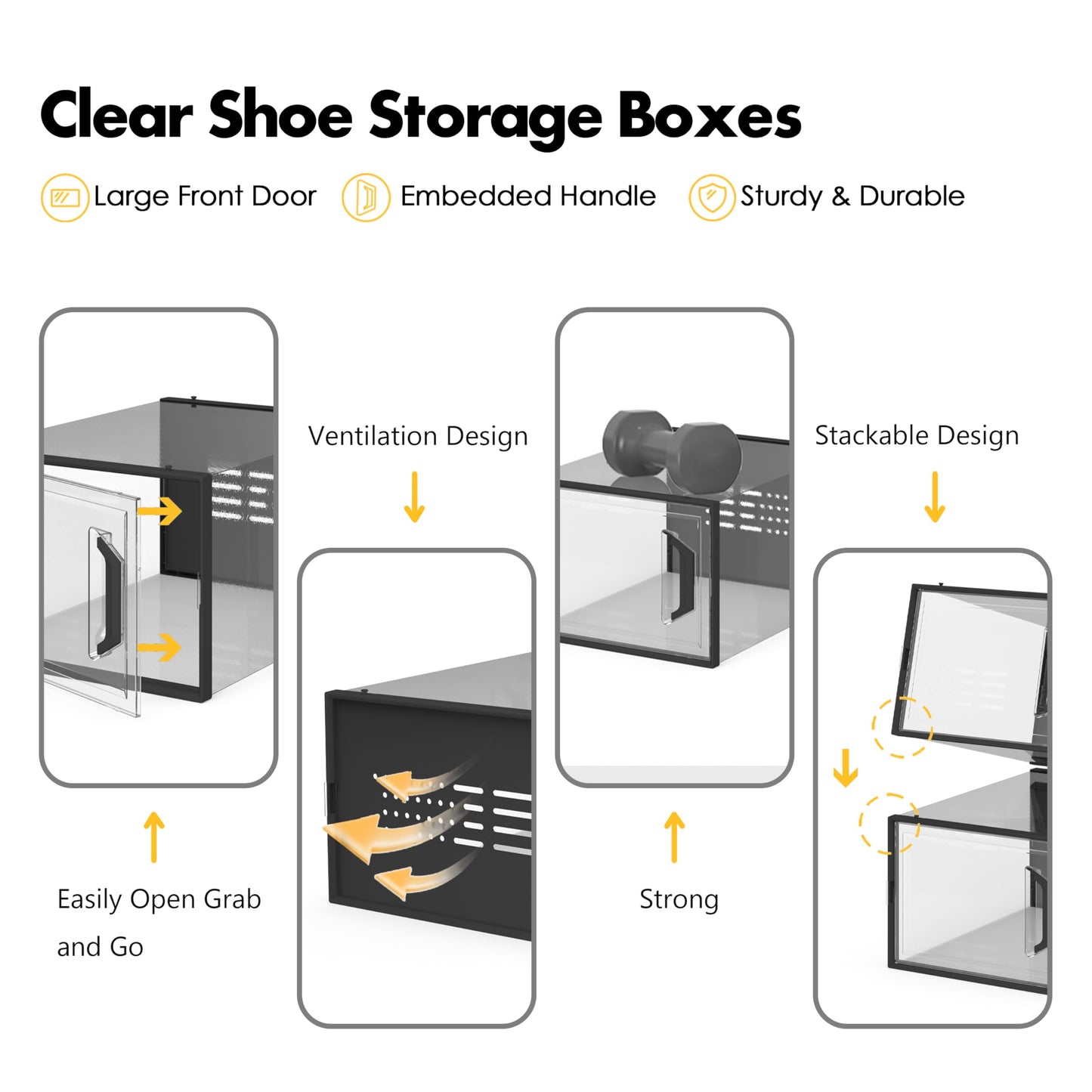 SEE SPRING X-Large Shoe Storage Box Fit Size 11, Clear Plastic Stackable Shoe Organizer for Closet, Space Saving Sneaker Shoe Rack Containers Bins Holders for Entryway, Under Bed, 12 Pack Black