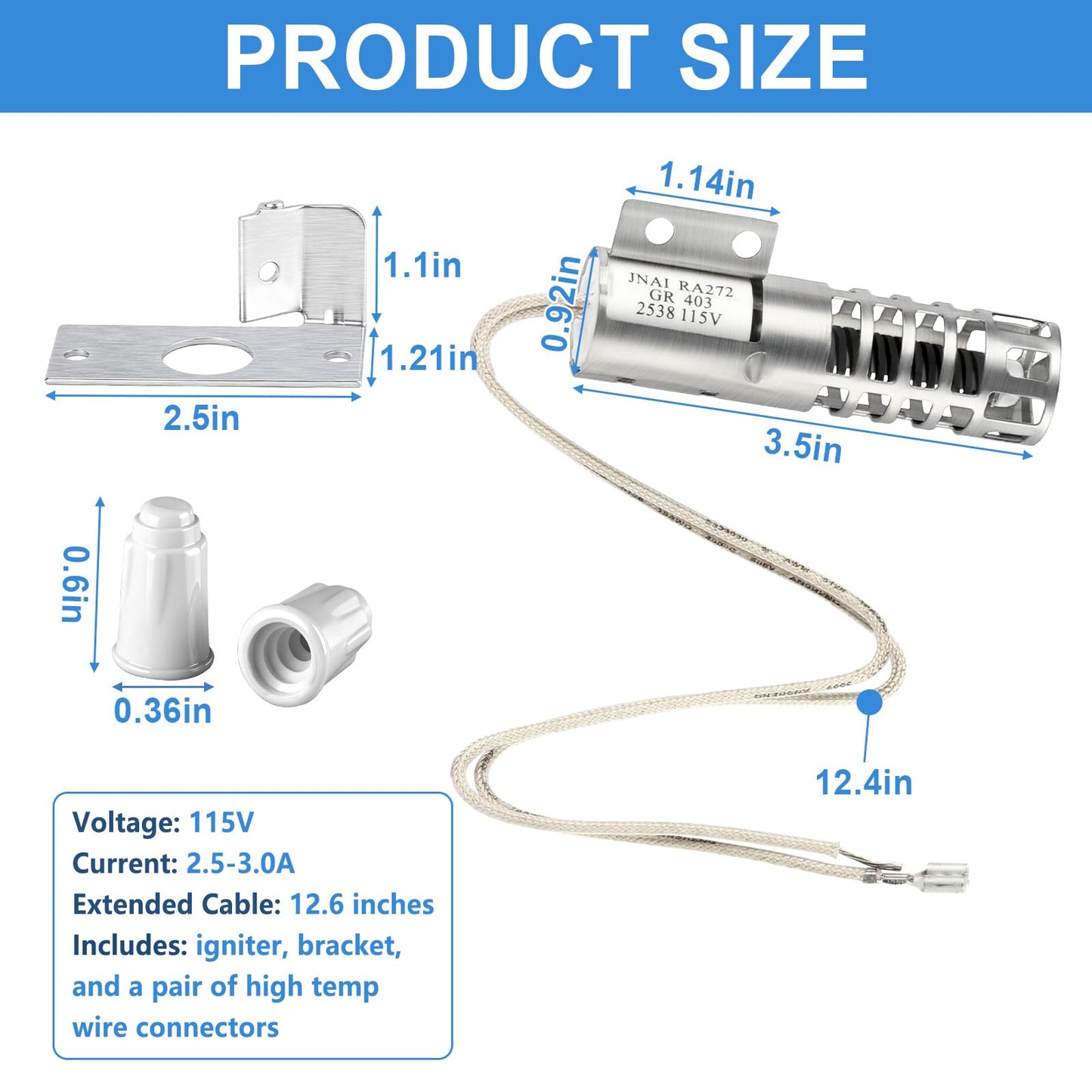 WB2X9154 Oven Igniter Compatible with GE/Kenmore/Hotpoint/Roper XL44 Round Gas Range Stove Broiler Igniter Replacement WB13K10027 WB13K3 WB13K4 PS243425 AP2014008 GR403,3-1/2 Inches long 115V 2.5-3.0A