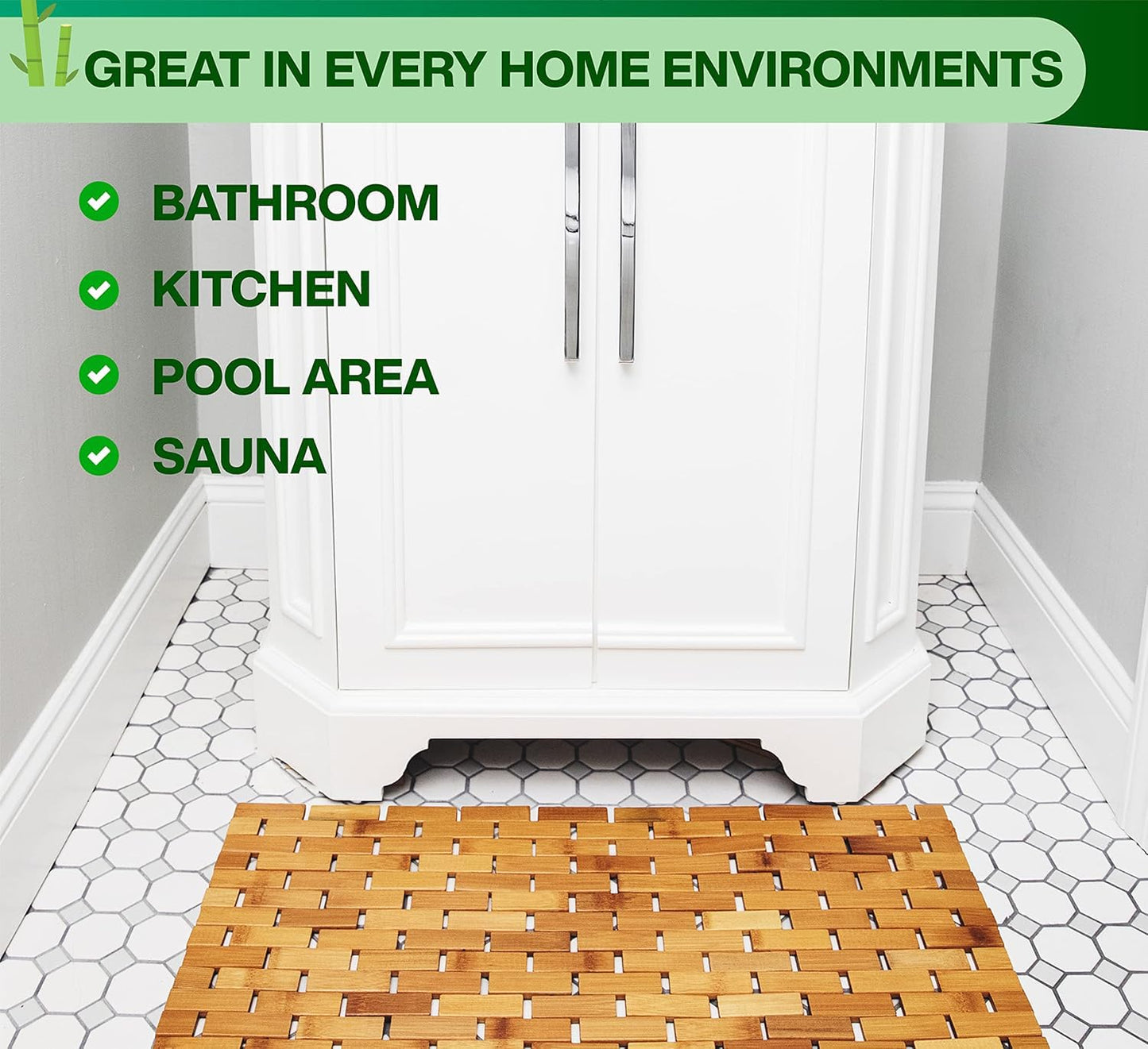 Bamboo Bath Mat - Foldable, 34x18-Inch Wood Bathmat for Bathroom Sauna Spa Door Kitchen Floor and Countertops - Modern Farmhouse Decor Accessory