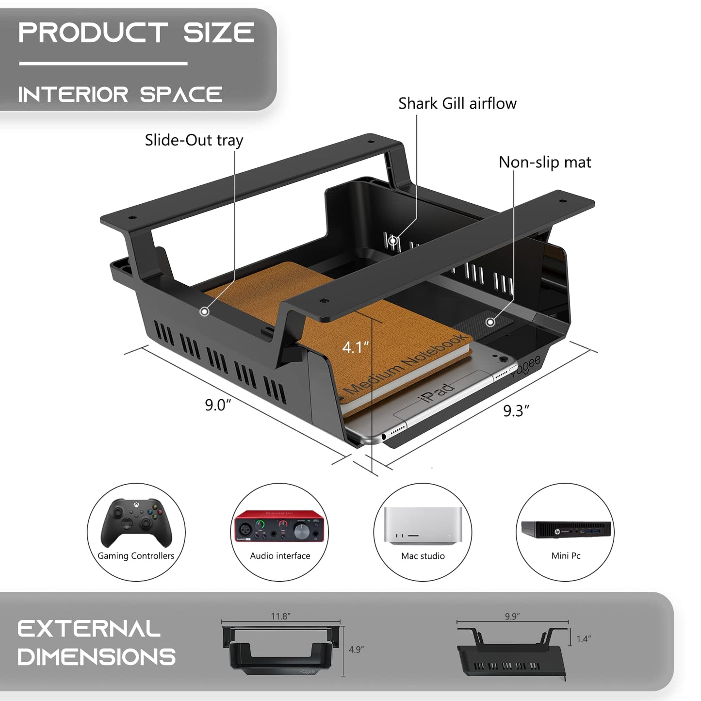 YaGee Under Desk Shelf, 2 Pack, Self-Adhesive Device Storage, Great Desktop Organizer Drawer for Work Stations, Stand Up Desks, Gaming Battlestations with Cable Management Raceway
