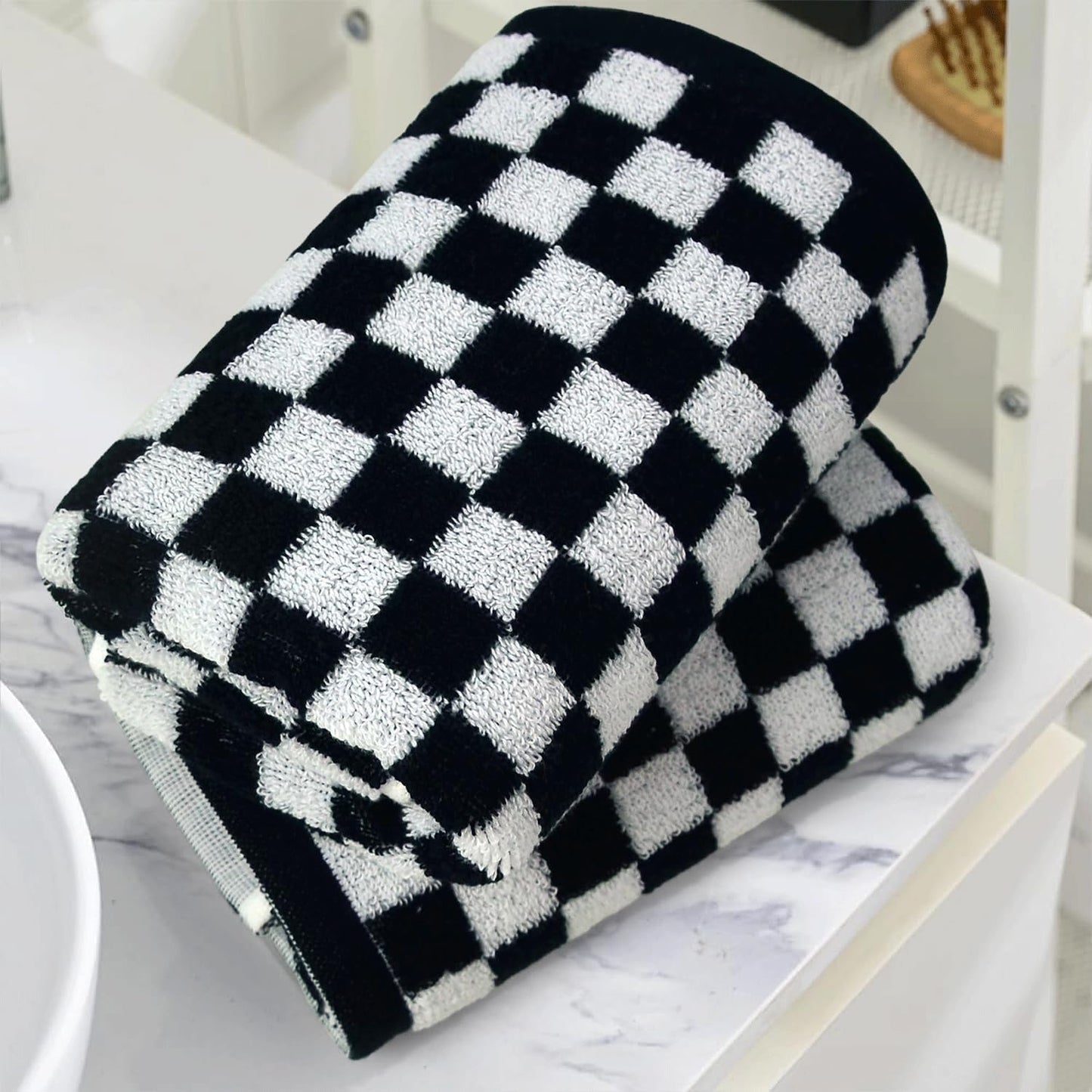Jacquotha Black and White Hand Towels 4 Pack, Cotton Decorative Bathroom Hand Towels & Checkered Kitchen Decor, 13" x 29"