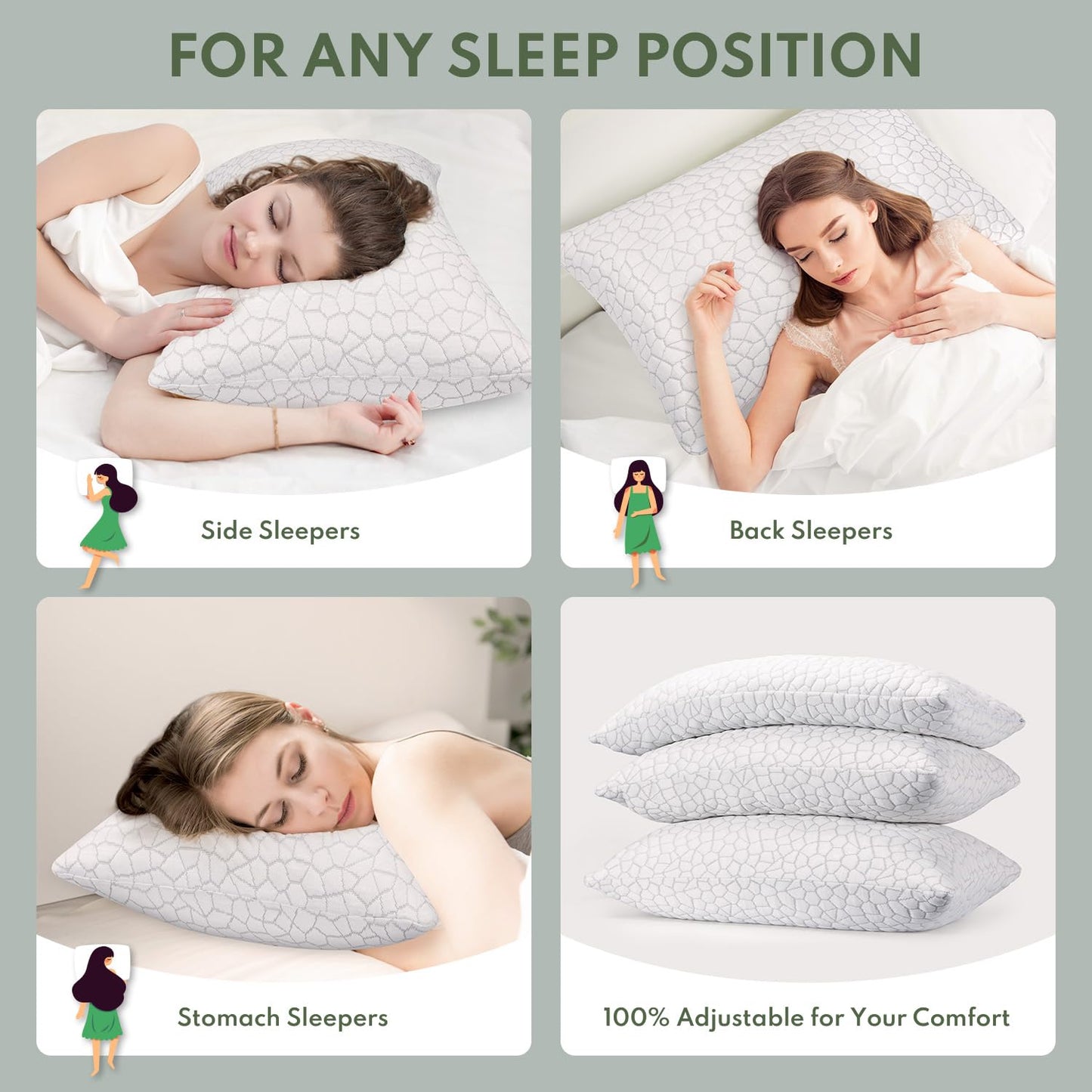 HEYCUZI Pillows Queen Size Set of 2 - Cooling Shredded Memory Foam Pillow for Sleeping 2 Pack, Adjustable Cool Bed Pillows for Side, Back, and Stomach Sleepers, Gel Pillow Washable Removable Cover