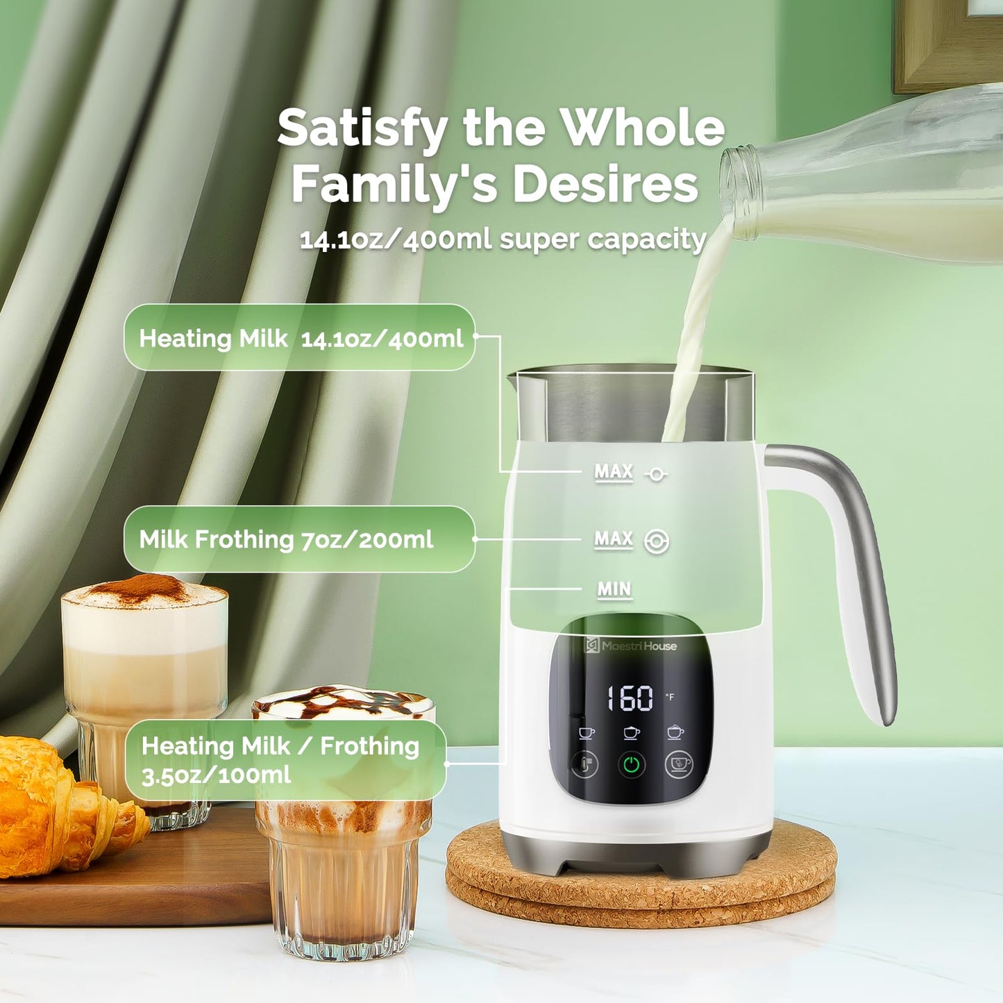 Maestri House Milk Frother, Variable Temp and Froth Thickness DualFro 400 Milk Frother and Steamer, 14.1OZ/400ML Smart Touch Control Foam Maker, Memory Function for Latte, Warm Milk, Hot Chocolate