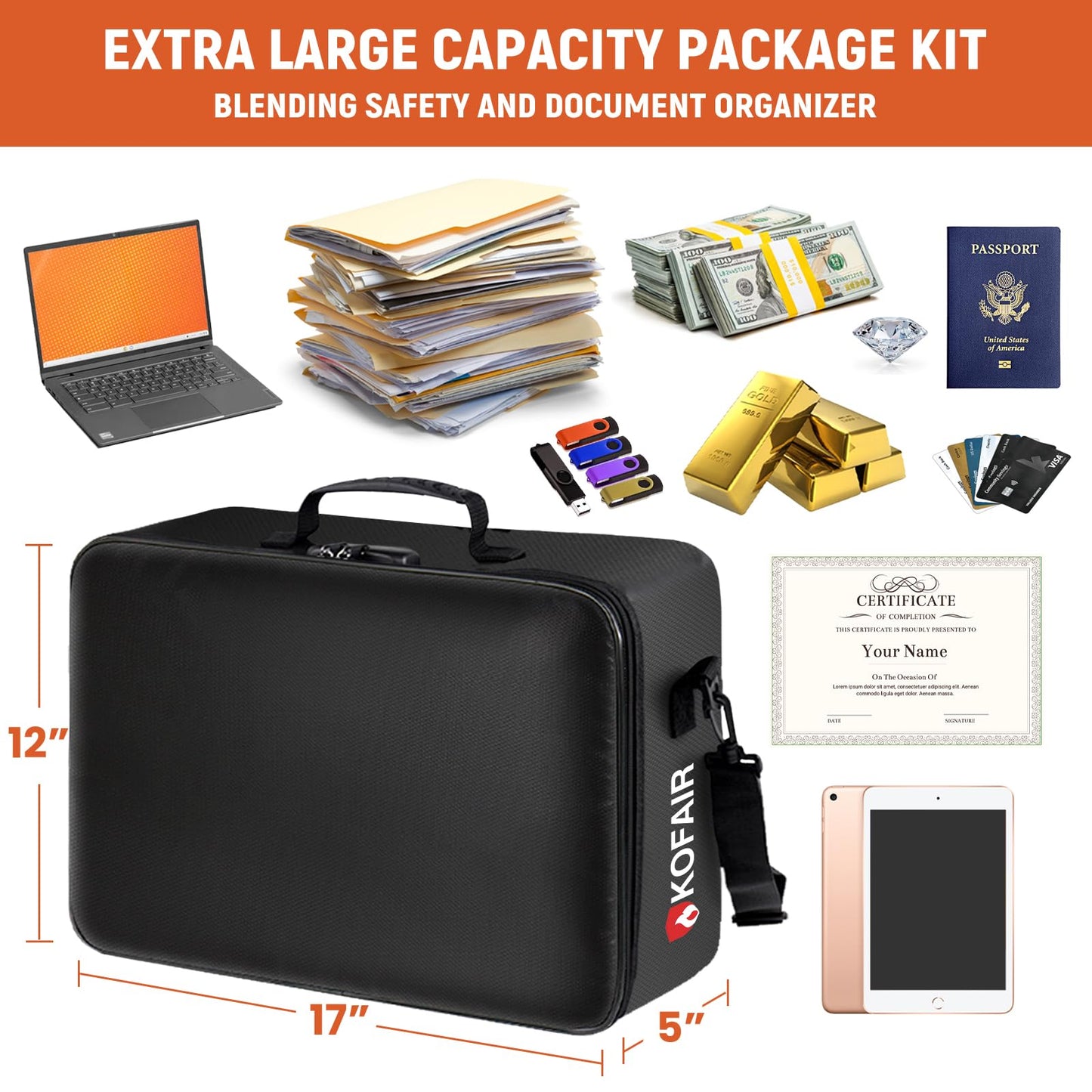 Fireproof Document Bag (17 x 12 x 5 inch) with Lock, 5200°F Fireproof Document Lock Box with Shoulder Strap, Multi-Layer Important Document Safe Storage, Fire Safe File Organizer