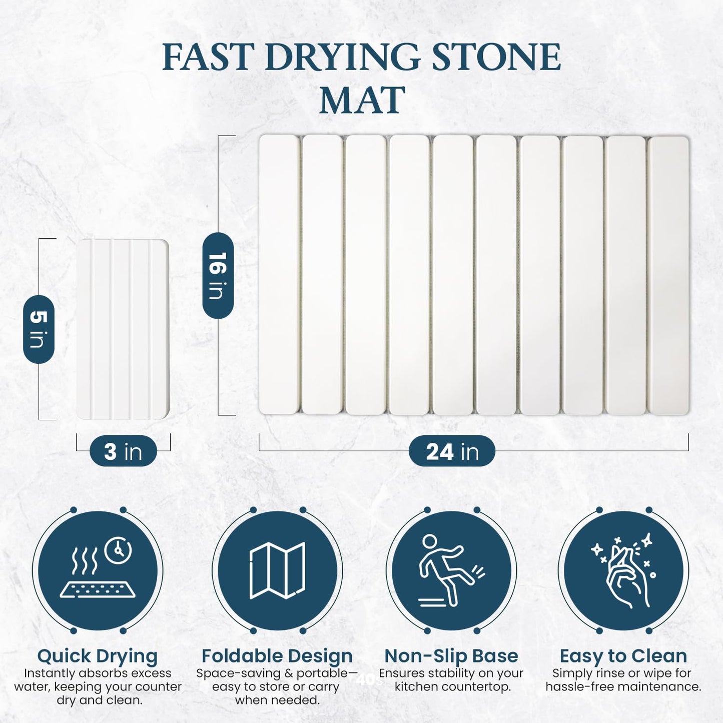 Stone Drying Mat for Kitchen Counter 24"×16"with Water Absorbent Diatomite Coasters 8" x 4", Foldable Quick Dry Mats for kitchen Dishes, Non Slip Quick Drying Diatomaceous Earth For Any Countertop