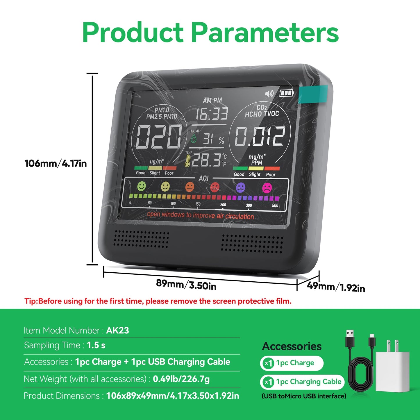 16-in-1 Air Quality Monitor Indoor with 7AQI Beep Alarm, CO2 Monitor, Air Quality Detector with PM1.0 | PM2.5 | PM10 | Temp | HUM | Formaldehyde | VOC Tester for Home Office Plant