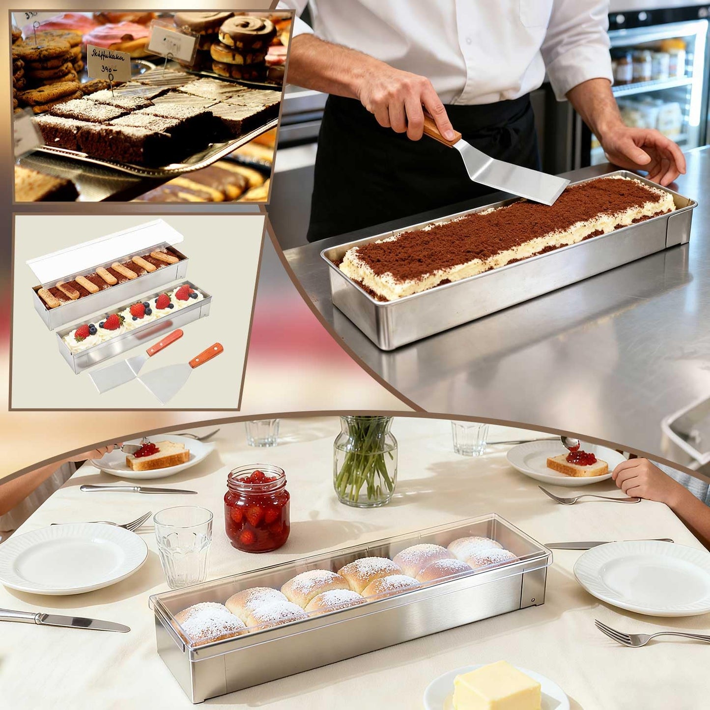 Blushtier 2 Pack Nonstick Rectangle Tiramisu Cake Pan with Acrylic Lid and 2 Metal Spatula Removable Frame 304 Stainless Steel Cake Baking Molds for Tiramisu Cheesecake Mousse