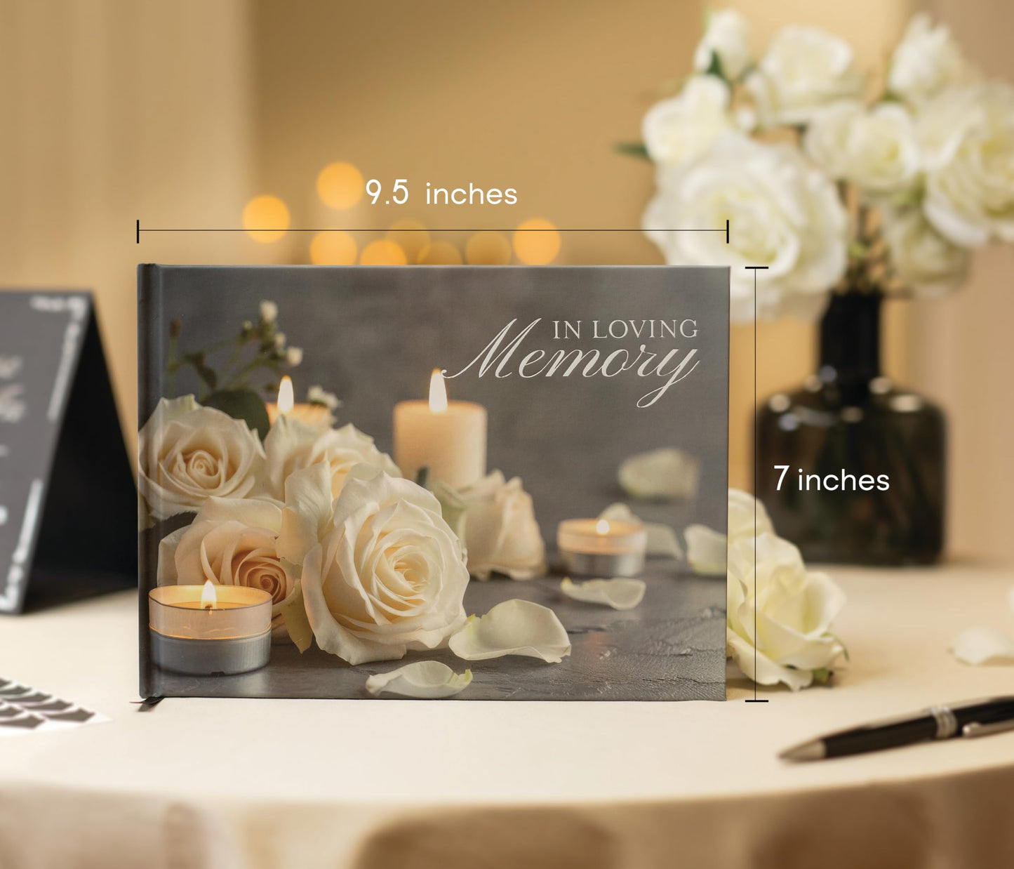 Modern Album Designs Rose Hardcover Funeral Guest Book - 9.5 x 7 Celebration of Life Guestbook for Memorial Service with 5x7 Paper Sign, Pen, Black Photo Corner Stickers