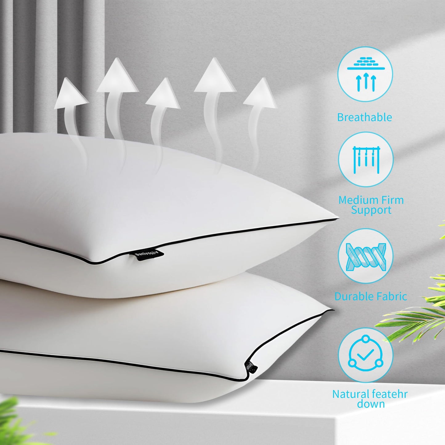 Feather Down Pillow King Size Set of 2, 100% Cotton Luxury Hotel Collection Bed Pillows for Sleeping, Down Surrounded Fluffy Soft Medium Firm Pillows for Side Back Stomach Sleepers 20" x 36"