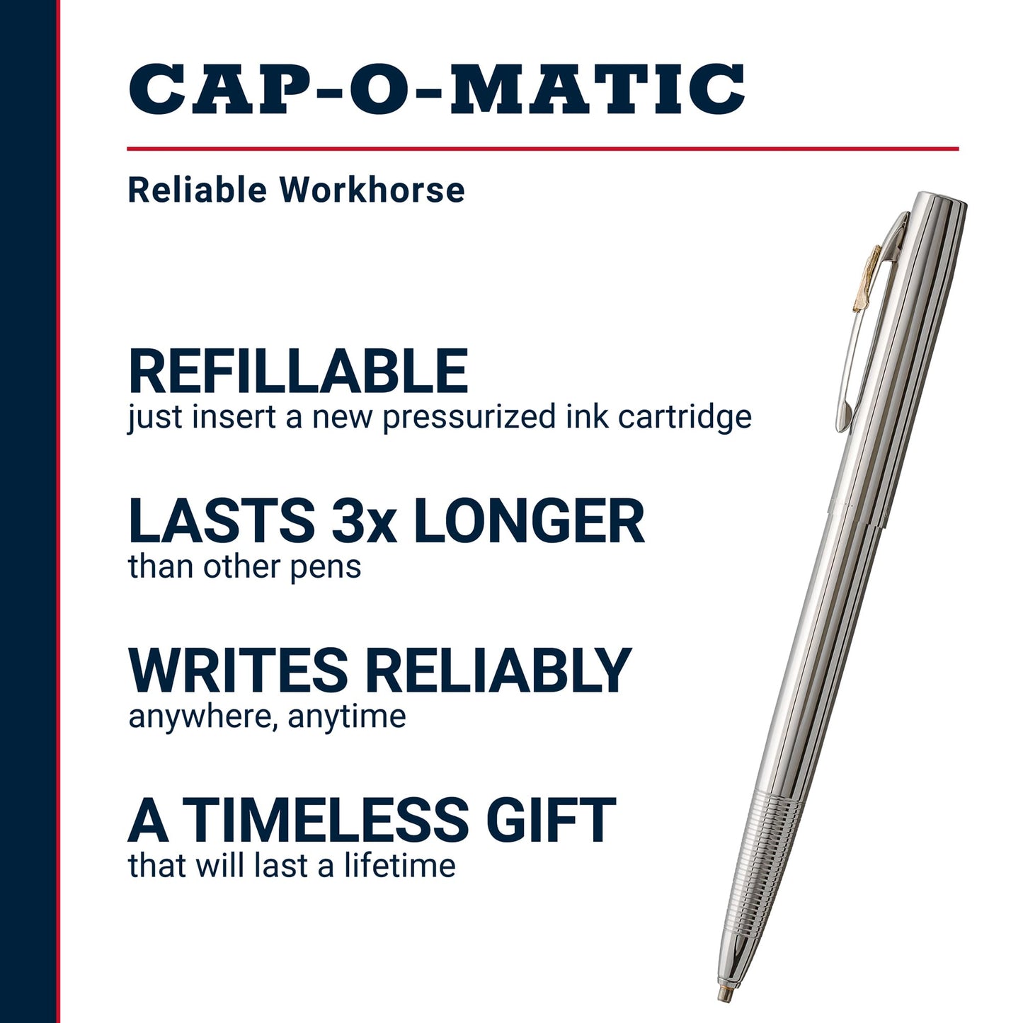 Fisher Space Pen Chrome Shuttle Cap-O-Matic Pen, Pressurized Ballpoint Pen, Writes Upside Down and in Extreme Temperatures, Black Ink, Medium Point, Pocket Clip, Gift Box, Made in the USA