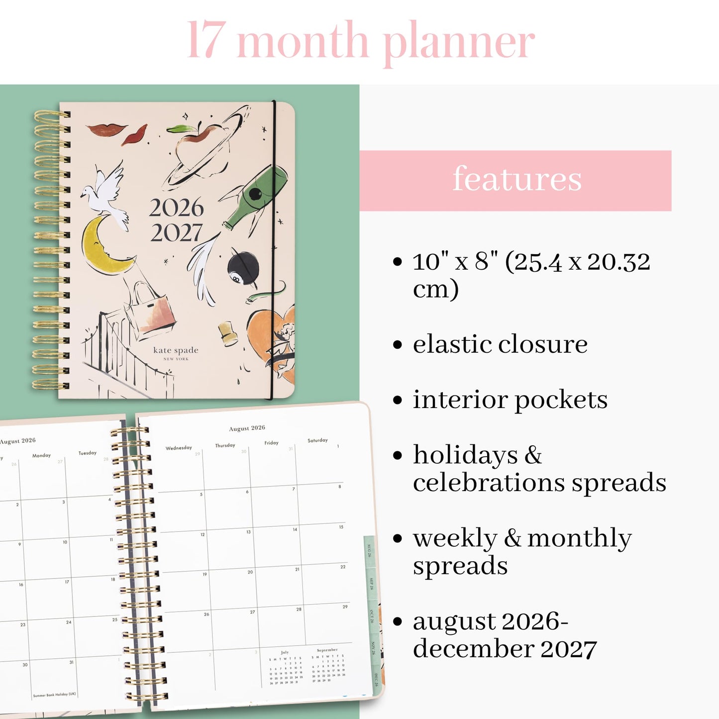 kate spade new york Mega Planner 10" x 8.5" Spiral Bound Agenda with Monthly & Weekly Layouts, Goal Tracker, Vacation Planner, Stickers, Tabs, Elastic Closure & Pocket August 2026-December 2027 (New York Dream)