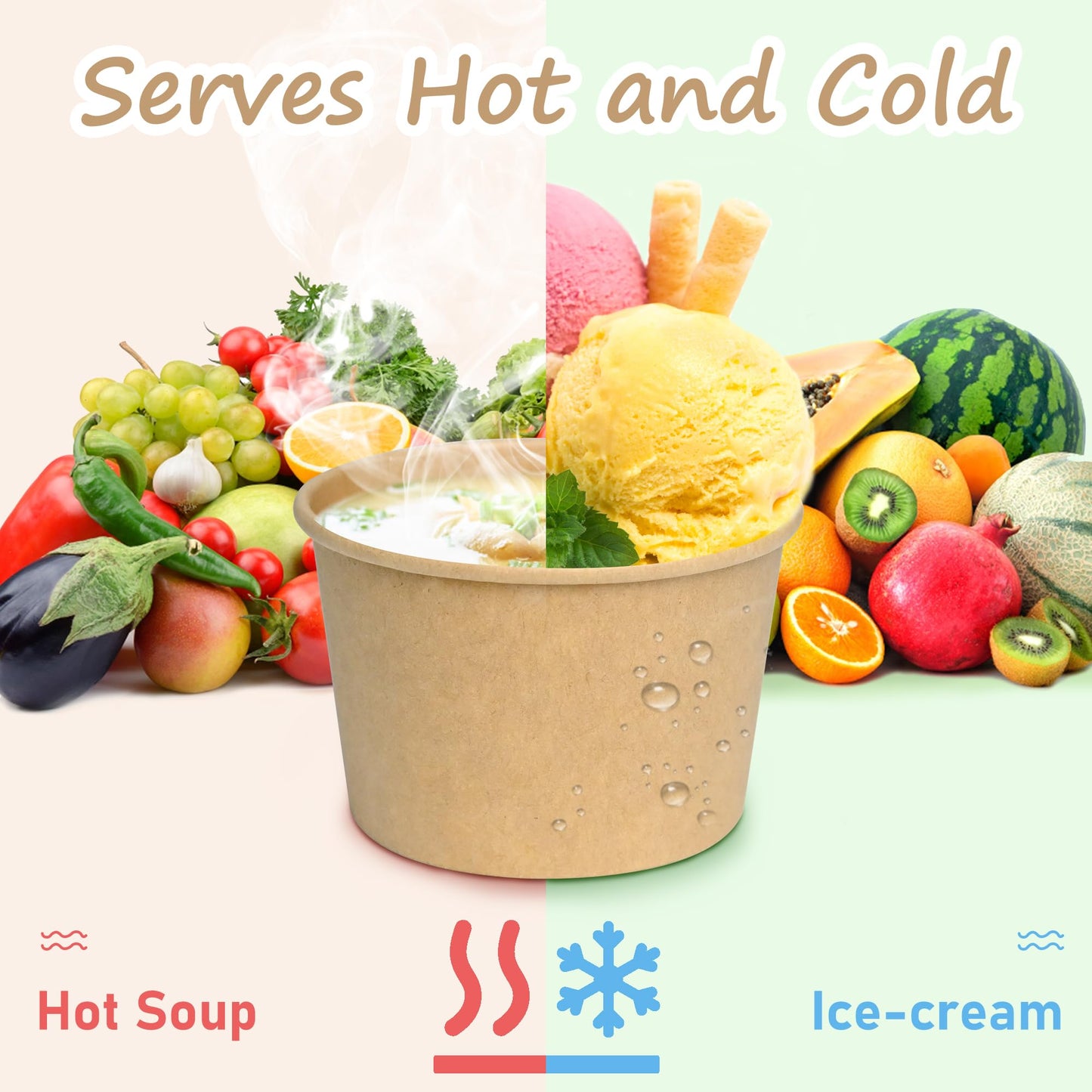 ESSENTIAL Paper Ice Cream Cups with Lids, 120pcs 8oz Disposable Dessert Bowls with Lids for Hot or Cold Food, Paper Snack Containers for Sundae, Frozen Yogurt, Soup (Brown)