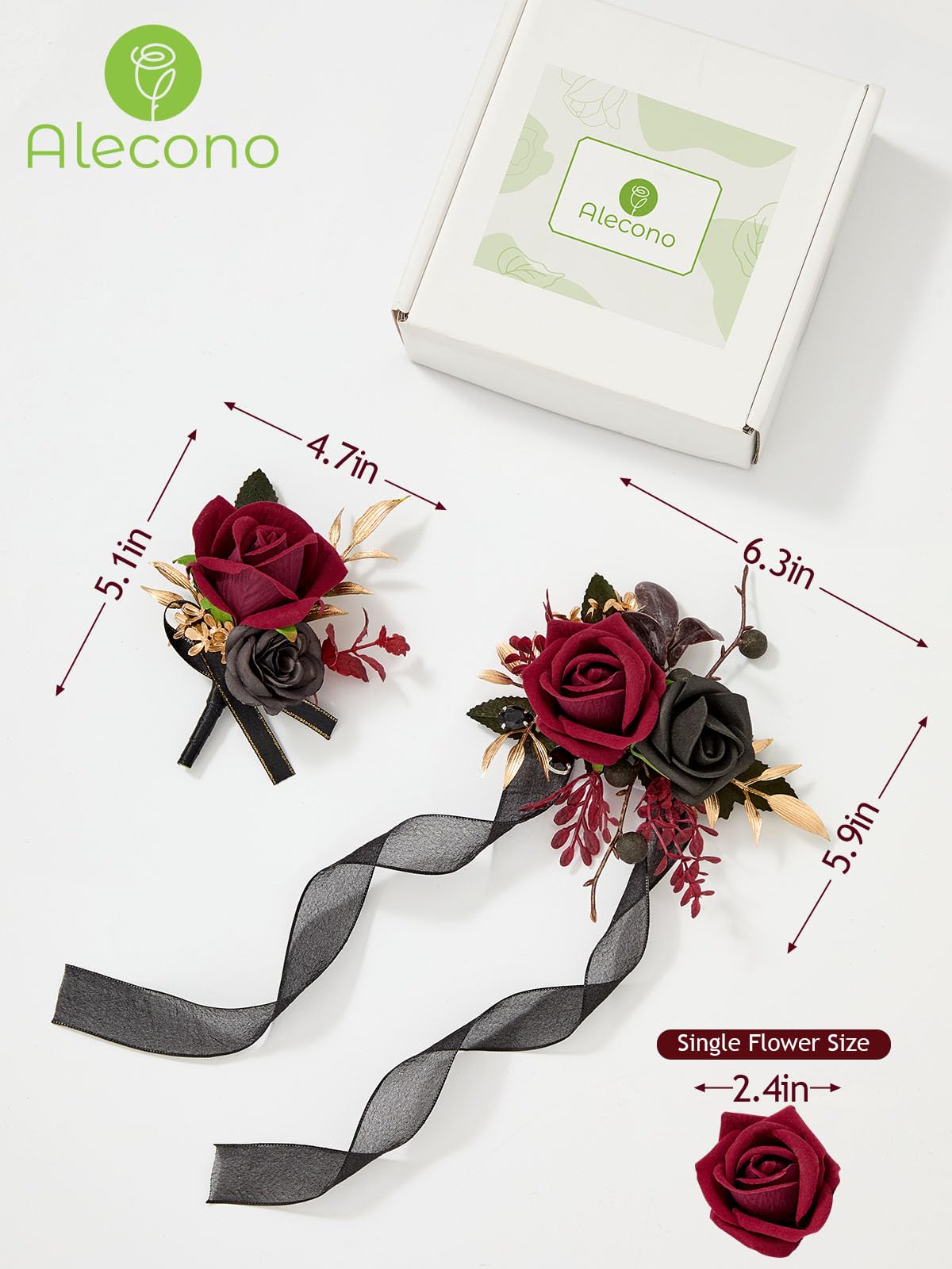 Alecono Burgundy Corsage and Boutonniere Set, Red and Black Rose Corsage Wristlet and Boutonniere for Wedding Prom Flower Accessories Suit Decorations