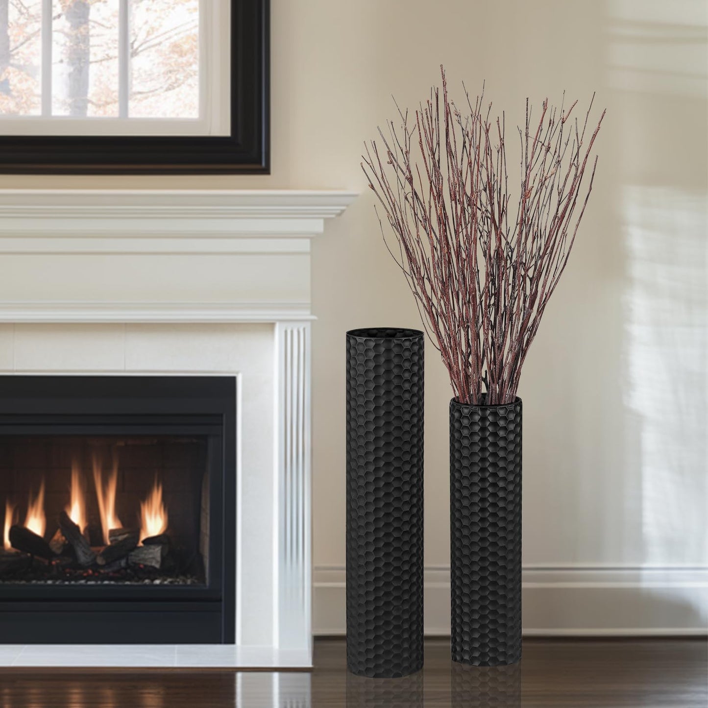 Sziqiqi Black Cylinder Tall Floor Vase: 27.6/21.7in Metal Extra Large Decorative Vase Set of 2 Living Room Modern Honeycomb Texture Big Standing Vase for Dining Bedroom Home Corner Indoor Office