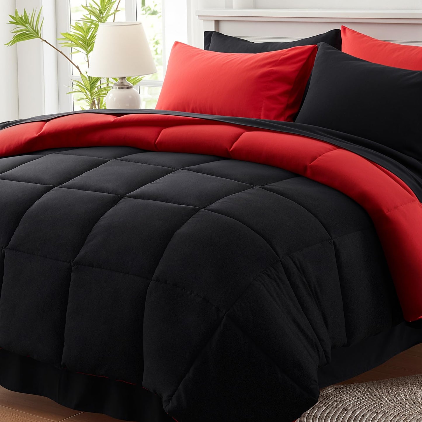 Anluoer Queen Comforter Set 7 Piece, Reversible Bed in a Bag Queen Size, Soft Bedding Set with Comforter(88"X88"), 2 Pillow Shams, 2 Pillowcases, 1 Flat Sheet, 1 Fitted Sheet, Red & Black
