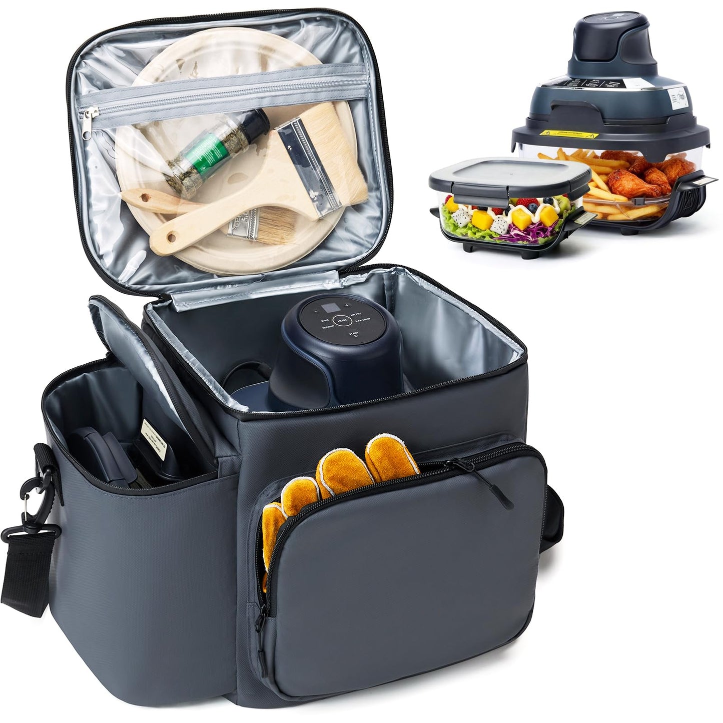 Padded Carrying Case for Ninja Crispi Air Fryer 4QT & 6-Cup Glass Containers, Carry Bag with 5mm Thick Insulation, Multiple Compartments & Pockets for Accessories Storage and Travel, Gray (Bag Only)