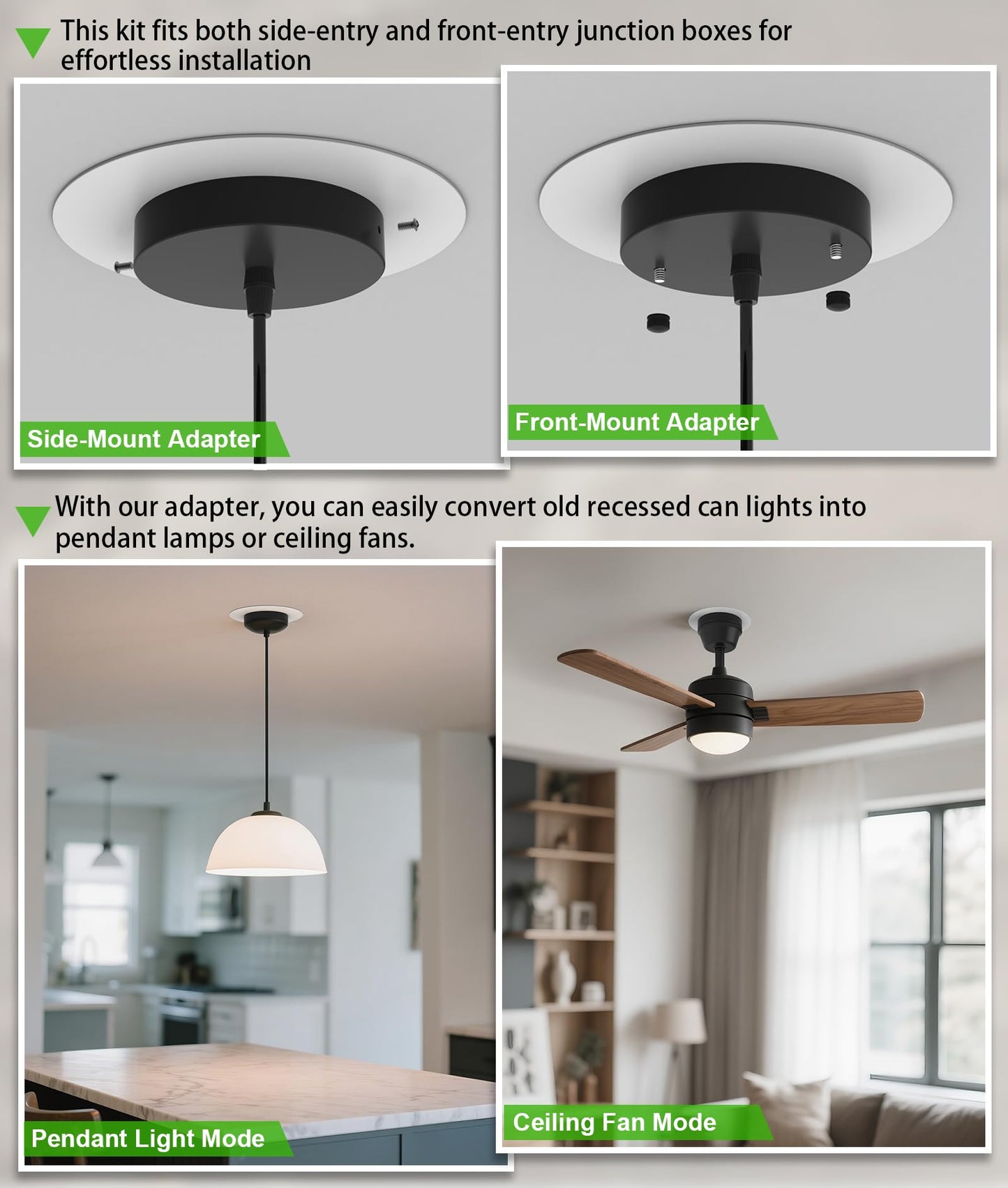 tebio Recessed Can Light Conversion Kit for 5" and 6" Ceiling Fixtures - Pendant/Hanging Light Upgrade, Compatible with Ceiling Fans, Includes 7¾" Flat Steel Medallion, White Finish,2 Pack