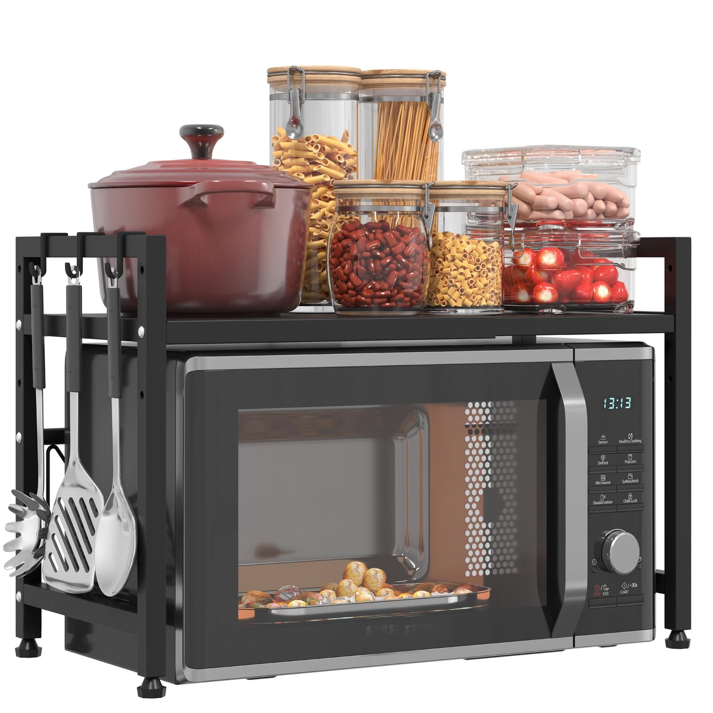 Extendable Microwave Oven Stand, Adjustable Microwave rack Toaster Shelf, Heavy Duty Rack 2 Tier Kitchen Counter Top Organizer with 6 Hooks for Kitchen