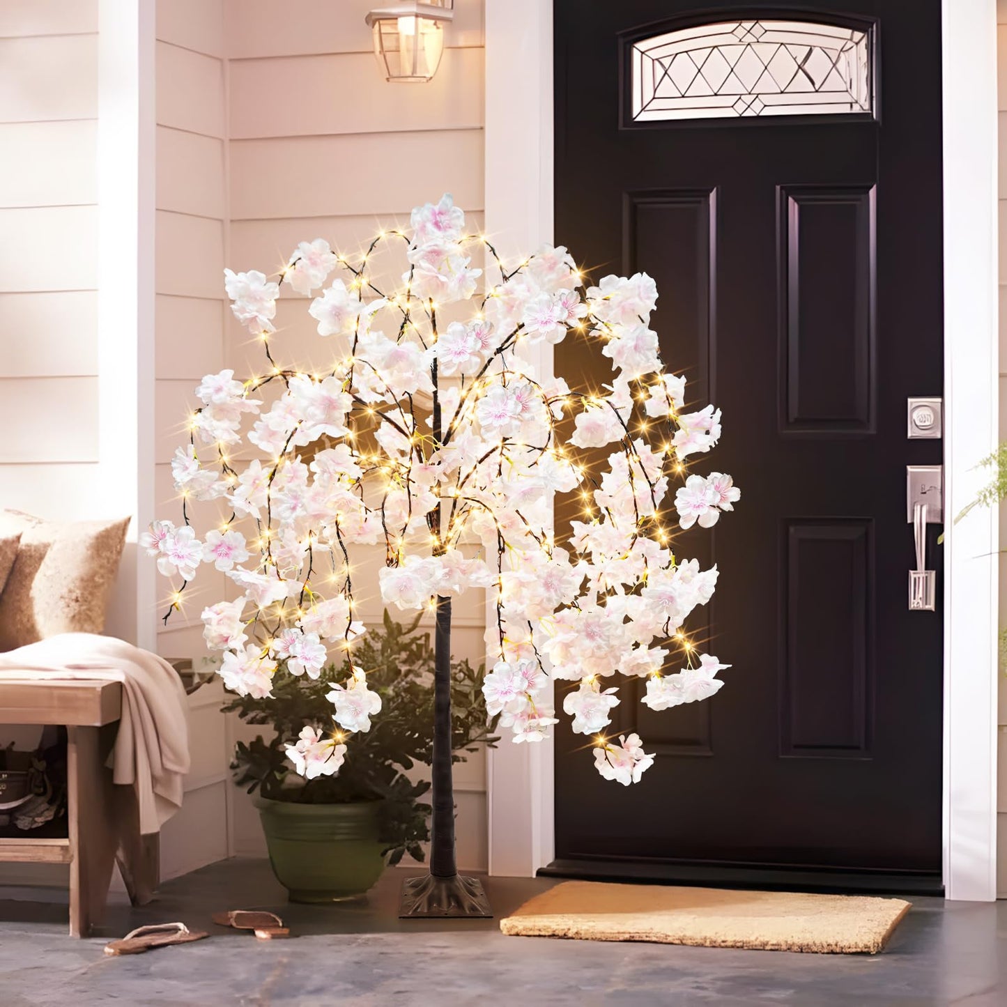 obbsie 4FT Cherry Blossom Tree with 360 LED Fairy Lights Artificial Lighted Tree with 8 Lighting Modes Light Up Pink Tree with Faux Flowers for Spring Wedding Party Indoor Outdoor Decor