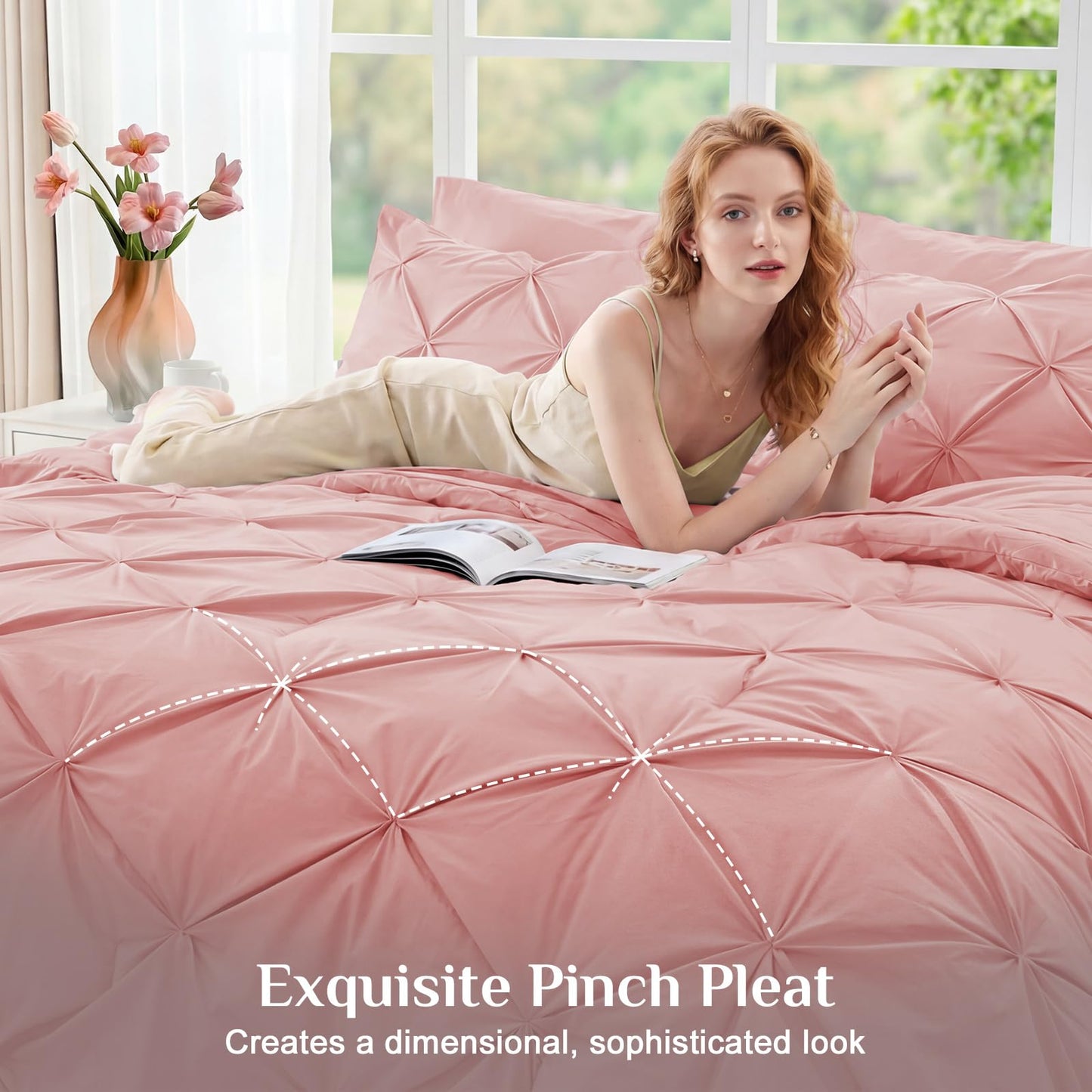 JOLLYVOGUE King Size Comforter Set 7 Pieces - Bed in a Bag King for All Season, Pintuck Bedding Comforter Sets with Comforter, Flat Sheet, Fitted Sheet and Pillowcases & Shams, Pink