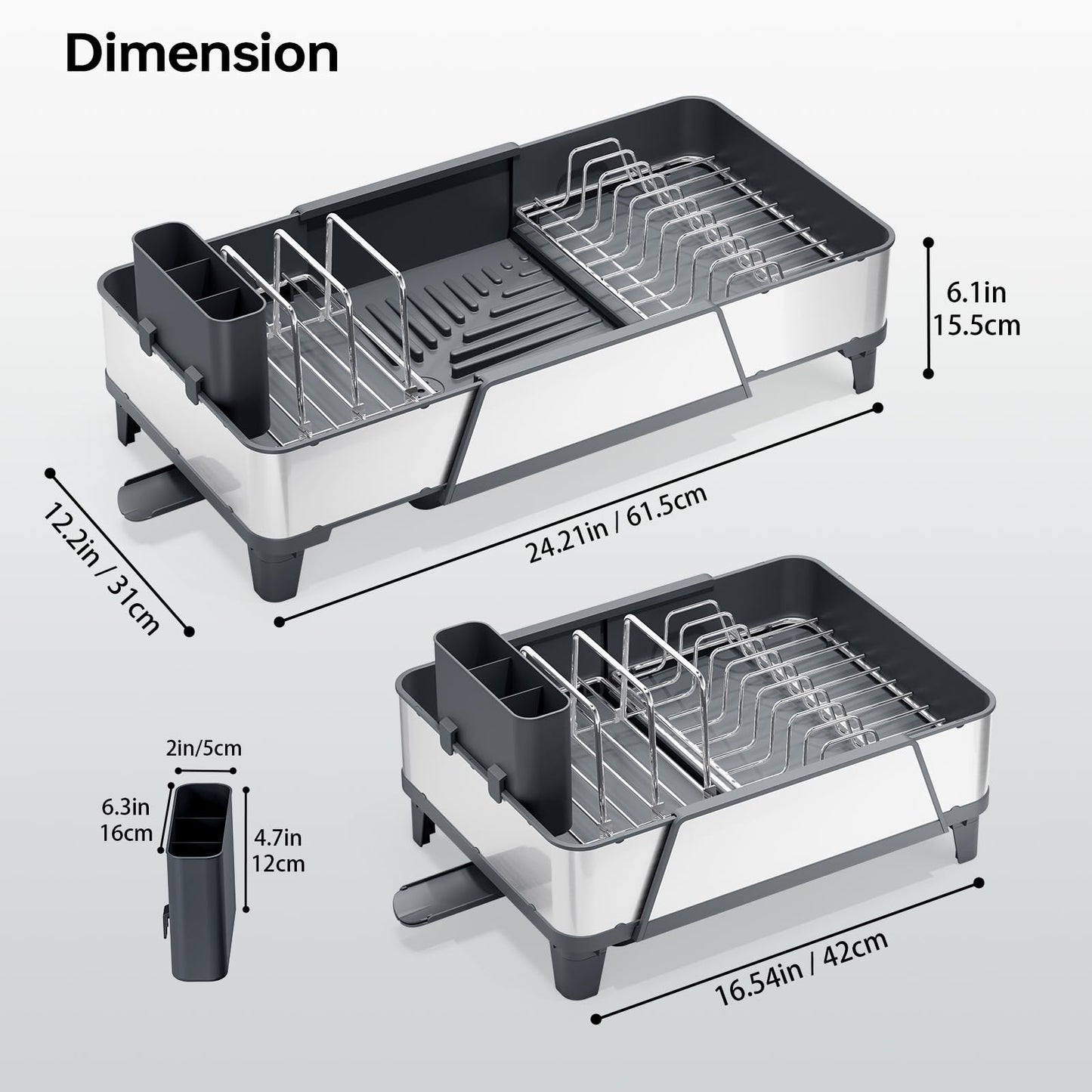 Urackify Large Dish Drying Rack - Triple Expandable Dish Rack for Kitchen Counter, Stainless Steel Sink Organization and Storage Essentials with Utensil & Pans Holder for Home and Appartment, Gray