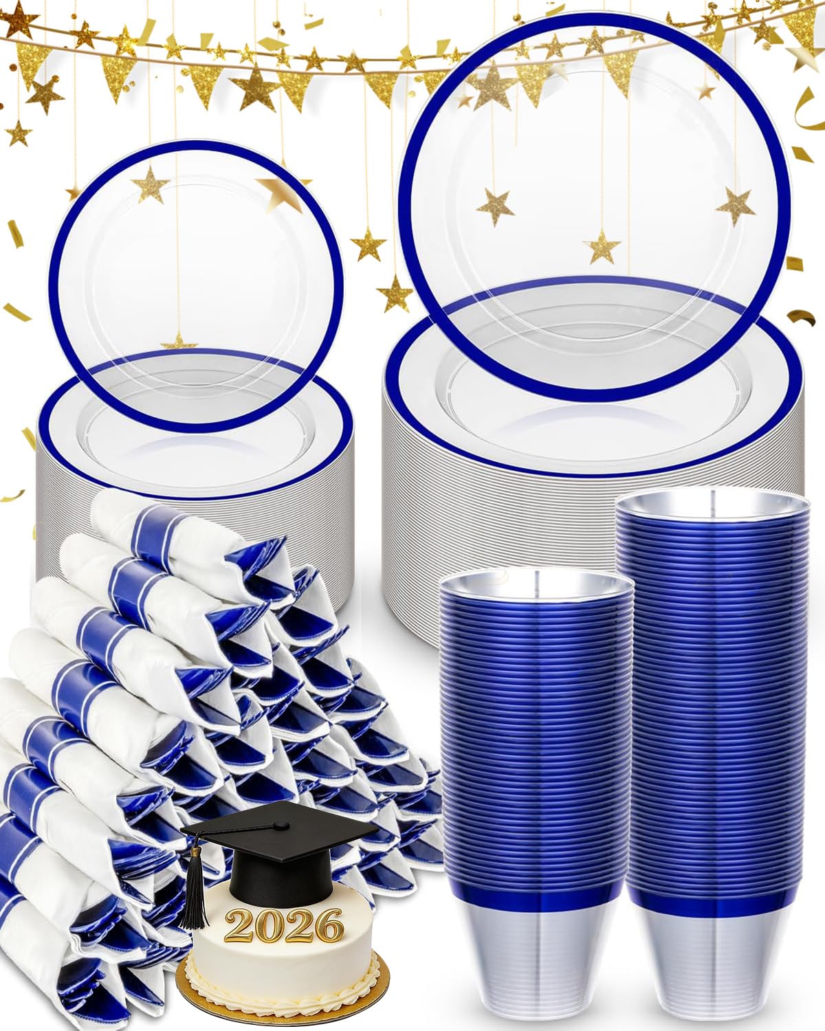 BESTVIP 350PCS Plastic Clear Blue Plates for Party, Disposable Dinnerware Set for 50 Guests, 100 Plastic Plates, 50 Cups, 50 Pre-Rolled Napkins with Cutlery for Graduation Party, Christmas, Birthday