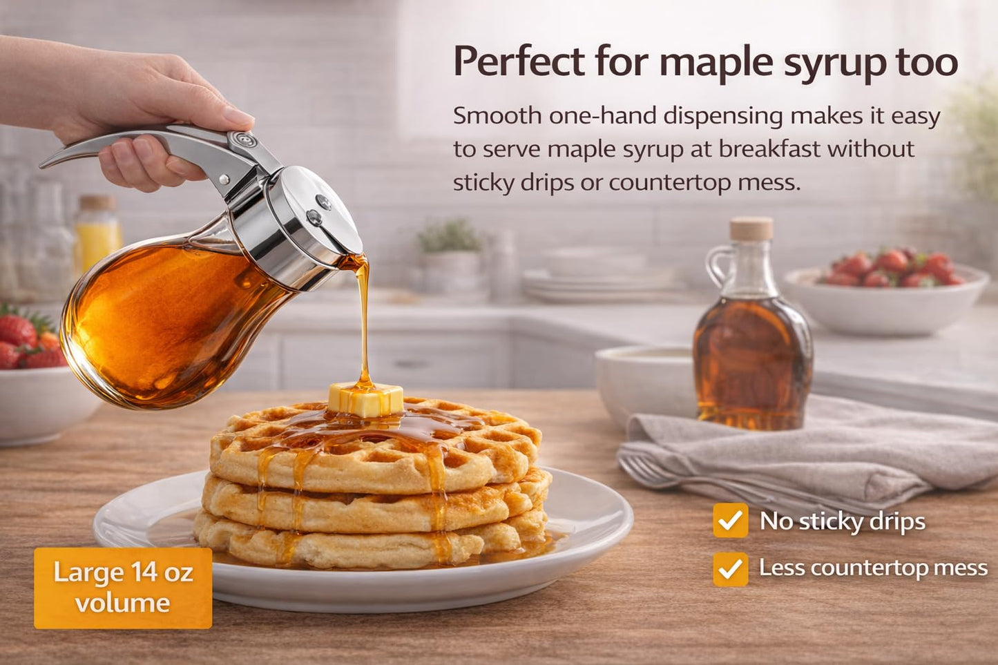 EHOMEA2Z Glass Honey Dispenser, 14 oz Syrup Dispenser with Metal Top, Maple Syrup Dispenser for Kitchen & Dining Table (1, 14 Oz)