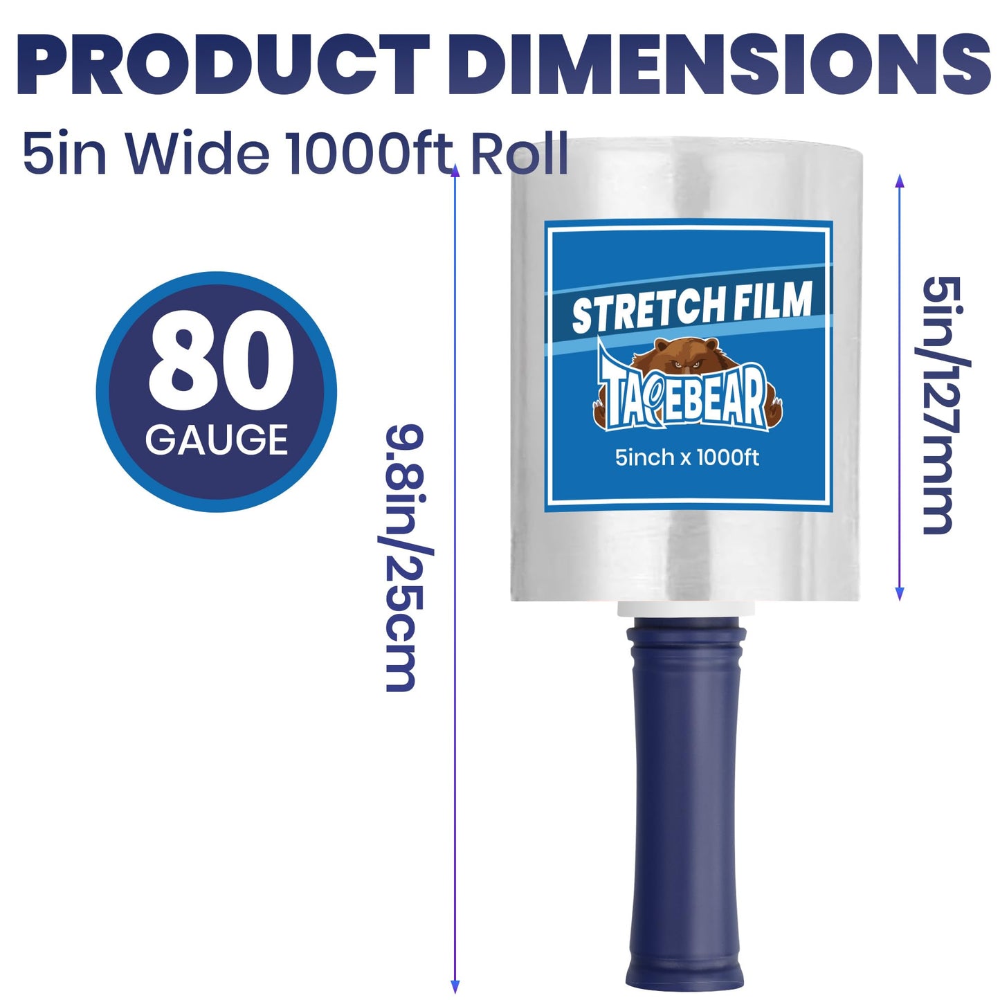 TAPEBEAR Mini Clear Stretch Wrap Film 80 Gauge 5" x 1000Ft, Shrink Wrap Roll with Handle, Durable Self-Adhering Clear Plastic Wrap Industrial Strength Pallet Shrink for Moving, Packing, 4-Pack