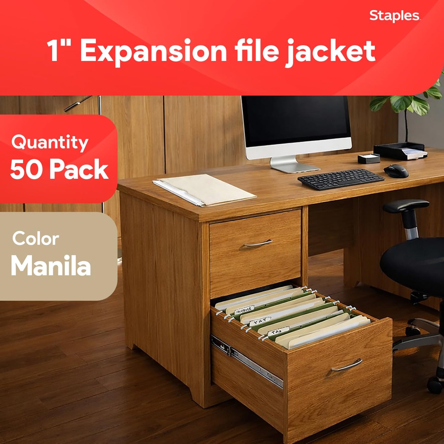 Staples File Jackets, Letter Size, 1‑Inch Expansion, Reinforced Manila Pocket Folders for Filing & Organization – 50/Pack