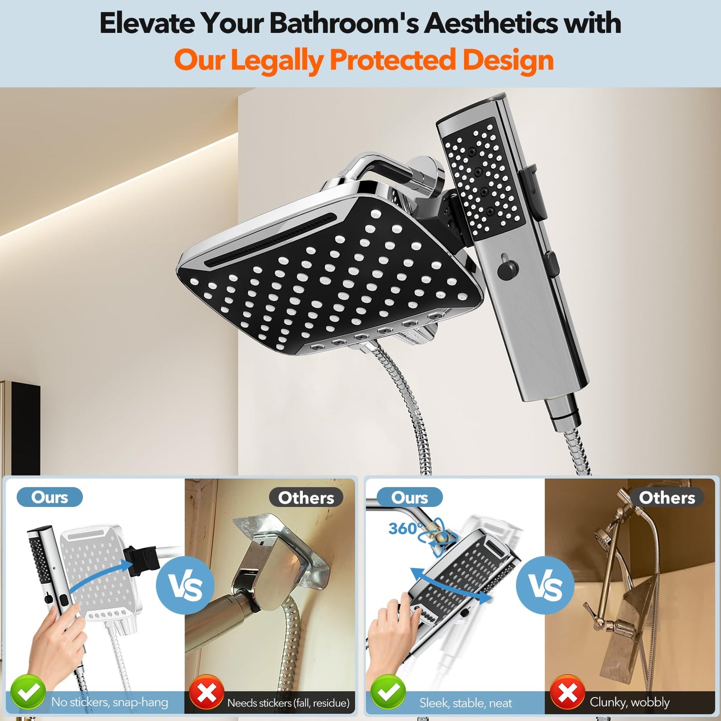 High Pressure Rain Shower Head, 7 Spray Modes Rain Shower Heads with Handheld Spray Combo, Dual Showerhead with 10 Inch Rainfall Spray, Detachable Hand Held Shower, Stainless Steel Hose, Power Wash