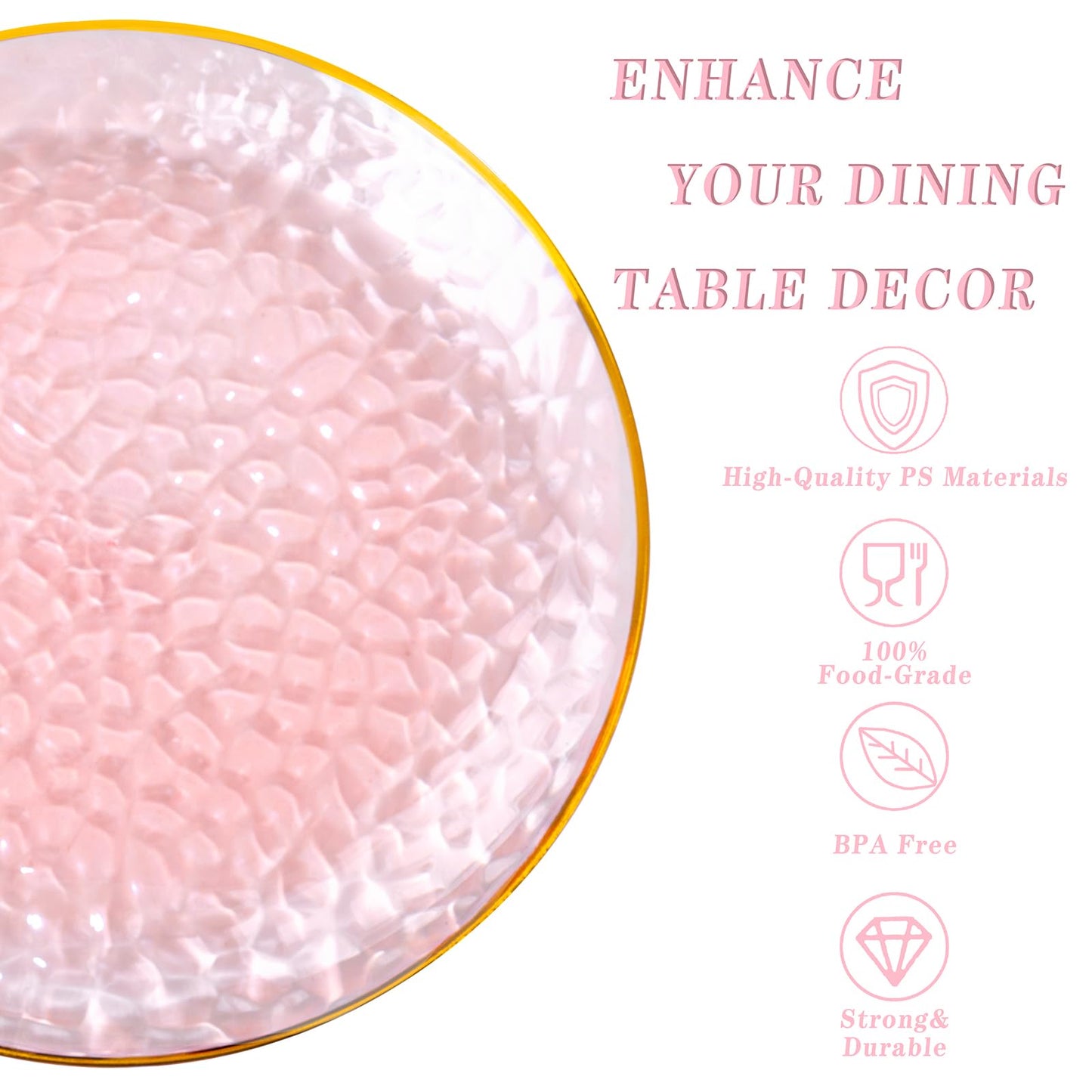 Rubtlamp 100Pcs Clear Pink Gold Plastic Plates, Pink Disposable Plates With Gold Rim, Hammered Plastic Plates Include 50 Clear Dessert Platos, 50 Dinner Platos for Party