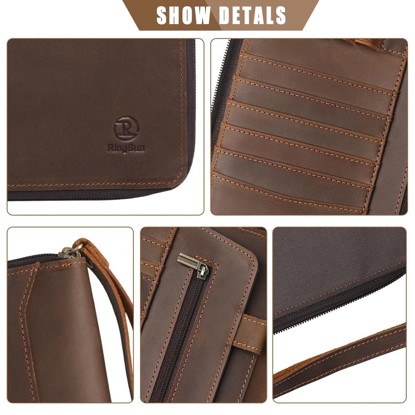Ringsun Genuine Leather Portfolio with Zipper, Padfolio Portfolio Organizer Folder for Men Women, Professional Business Card Holder for A5 Letter Size Notepad, Resume, Writing Pad, Pen Loop