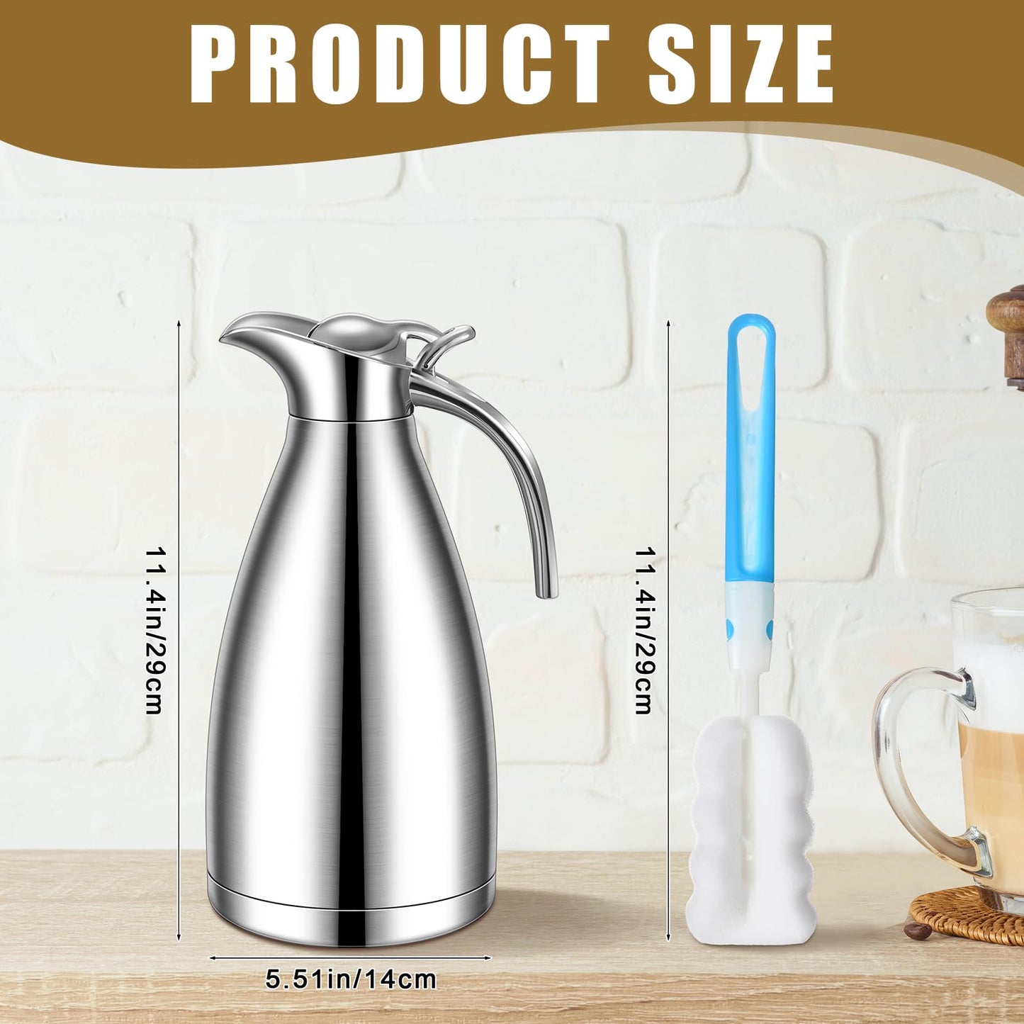Uiifan 2 Pcs 68 oz Thermal Coffee Carafe Insulated Stainless Steel Coffee Carafe for Hot Liquids Vacuum Thermal Pot Creamer Dispenser with Brushes Keeping Hot Tea Milk Water(Silver)