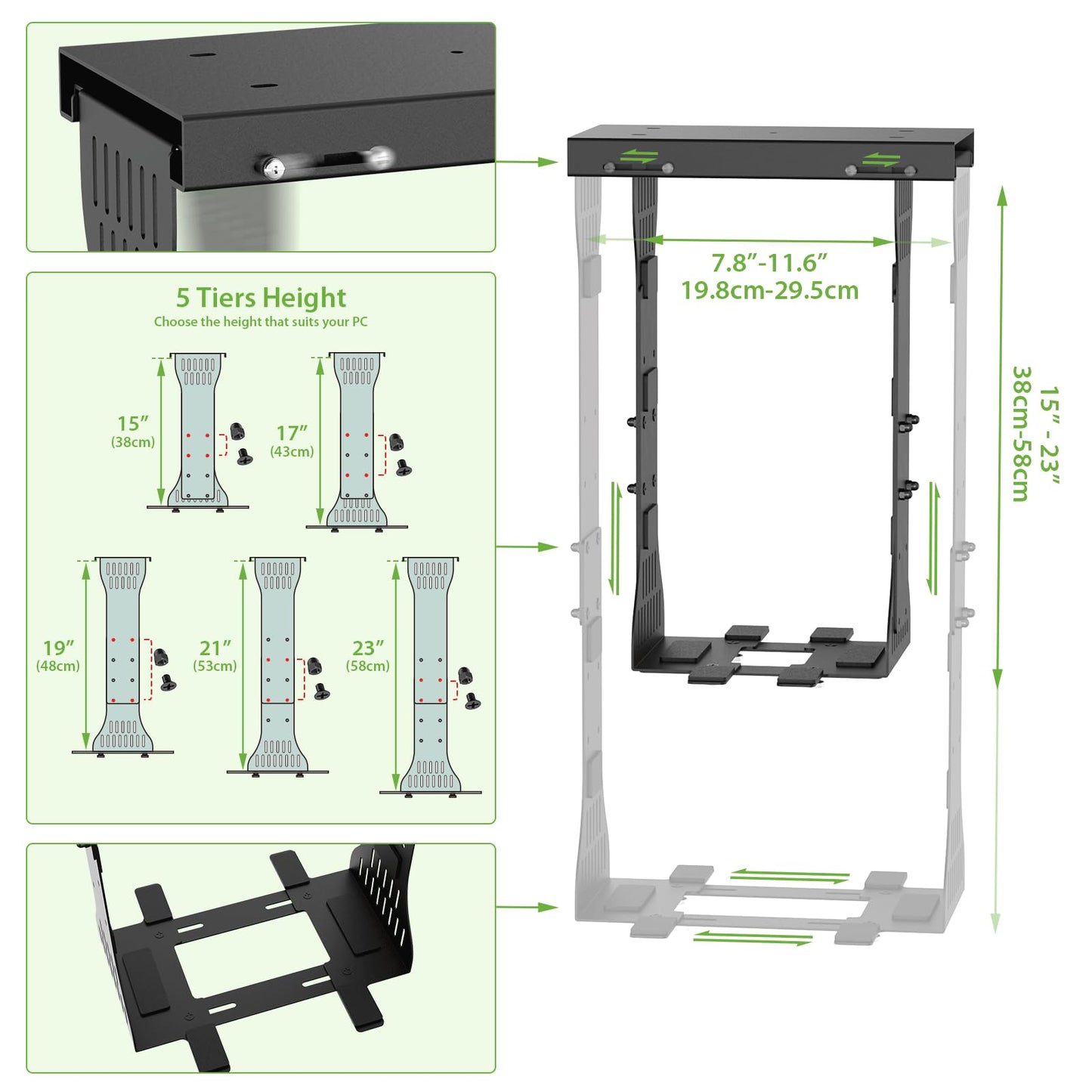KEEGH Heavy Duty Under Desk PC Mount Adjustable Under Desk Computer Mount Supports Up to 90 lbs PC Mount with Secure Locking for Standing Desk, Black