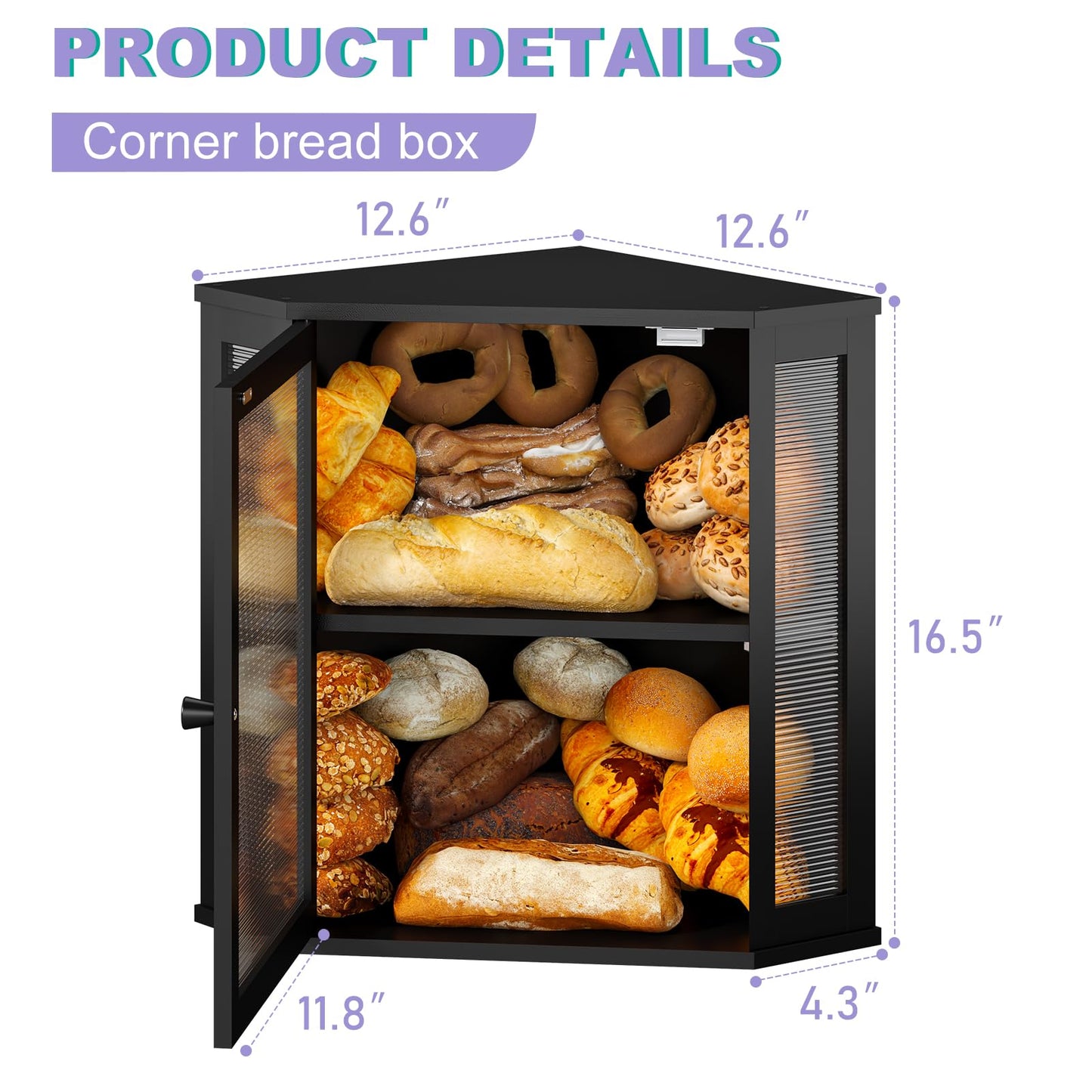Wieghda Corner Bread box for Kitchen Countertop,Farmhouse Bread Box with Acrylic Wavy Door Panel,Large Bread box for kitchen countertop, Food Storage Container (Black, Extra Large)