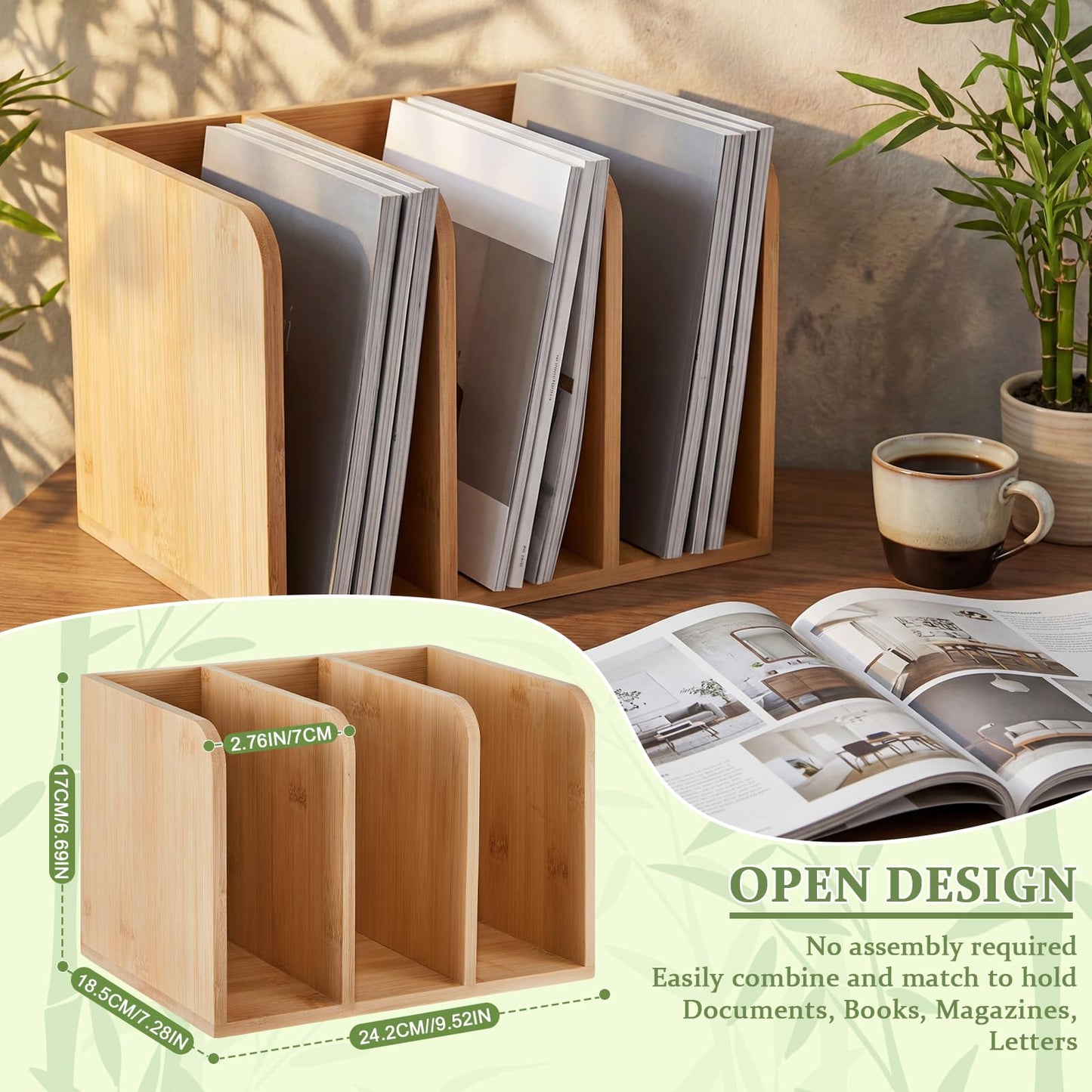 Novabright Bamboo Wooden File Magazine Holder Desk Organizer, 3 Vertical Compartments Workspace Sorters for Magazines, Binders, Notebooks, Envelopes
