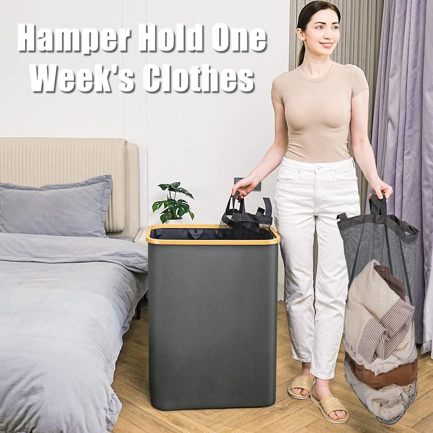Hampers for Laundry Basket with Lid, 160L Extra Large 3 Section Clothes Divided Organizer for Bedroom, Laundry Room, Dirty Clothes Hamper, Grey